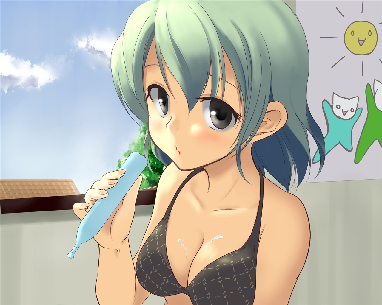 regdic, original, 1girl, bikini, bikini top only, black bikini, black eyes, breasts, cleavage, female focus, green hair, short hair, solo, swimsuit, tupet