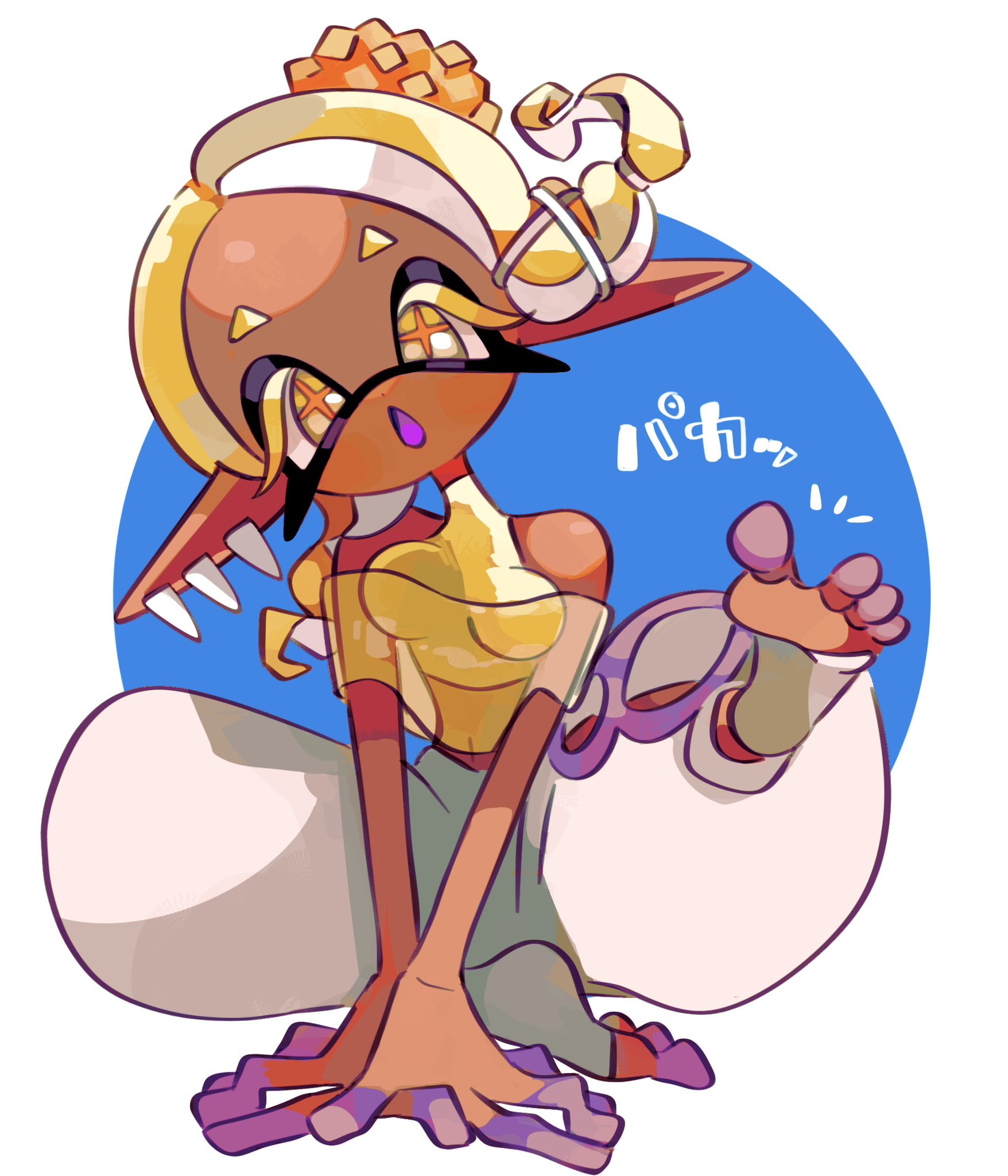 aluy01, frye (deep cut outfit) (splatoon), frye (splatoon), nintendo, splatoon (series), splatoon 3, 1girl, baggy pants, bare shoulders, barefoot, breasts, capelet, ear piercing, foot focus, inkling, japanese text, looking at viewer, medium breasts, open mouth, pants, piercing, pointy ears, sitting, solo, tentacle hair, yellow eyes