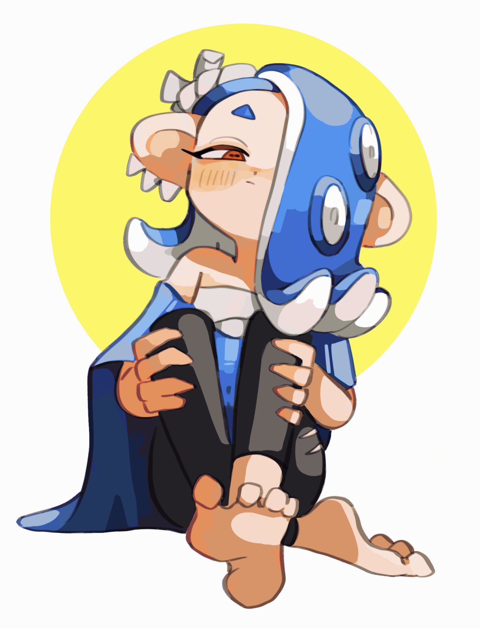 aluy01, shiver (deep cut outfit) (splatoon), shiver (splatoon), nintendo, splatoon (series), splatoon 3, 1girl, barefoot, blue hair, blush, capelet, chest sarashi, foot focus, knees up, nejiri hachimaki, octoling, red eyes, sarashi, sitting, solo, tentacle hair, white background