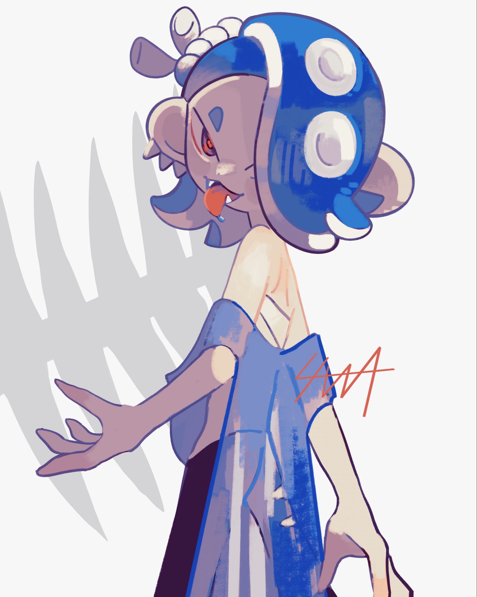 aluy01, shiver (deep cut outfit) (splatoon), shiver (splatoon), nintendo, splatoon (series), splatoon 3, 1girl, blue hair, capelet, chest sarashi, cowboy shot, ear piercing, fangs, grey background, hair over one eye, looking at viewer, looking back, octoling, piercing, red eyes, saliva, sarashi, solo, tentacle hair, tongue, tongue out