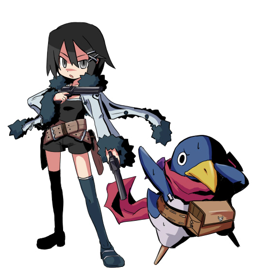 maru isu, asagiri asagi, prinny, disgaea, makai senki disgaea 2, makai senki disgaea 3, nippon ichi, prinny (series), prinny can i really be the hero?, prinny ~ore ga shujinkou de iinsuka?~, 1girl, bag, belt, black hair, dual wielding, female focus, gun, holding, prinny (seres), ribbon, scarf, short hair, shorts, solo, sweat, thighhighs, weapon