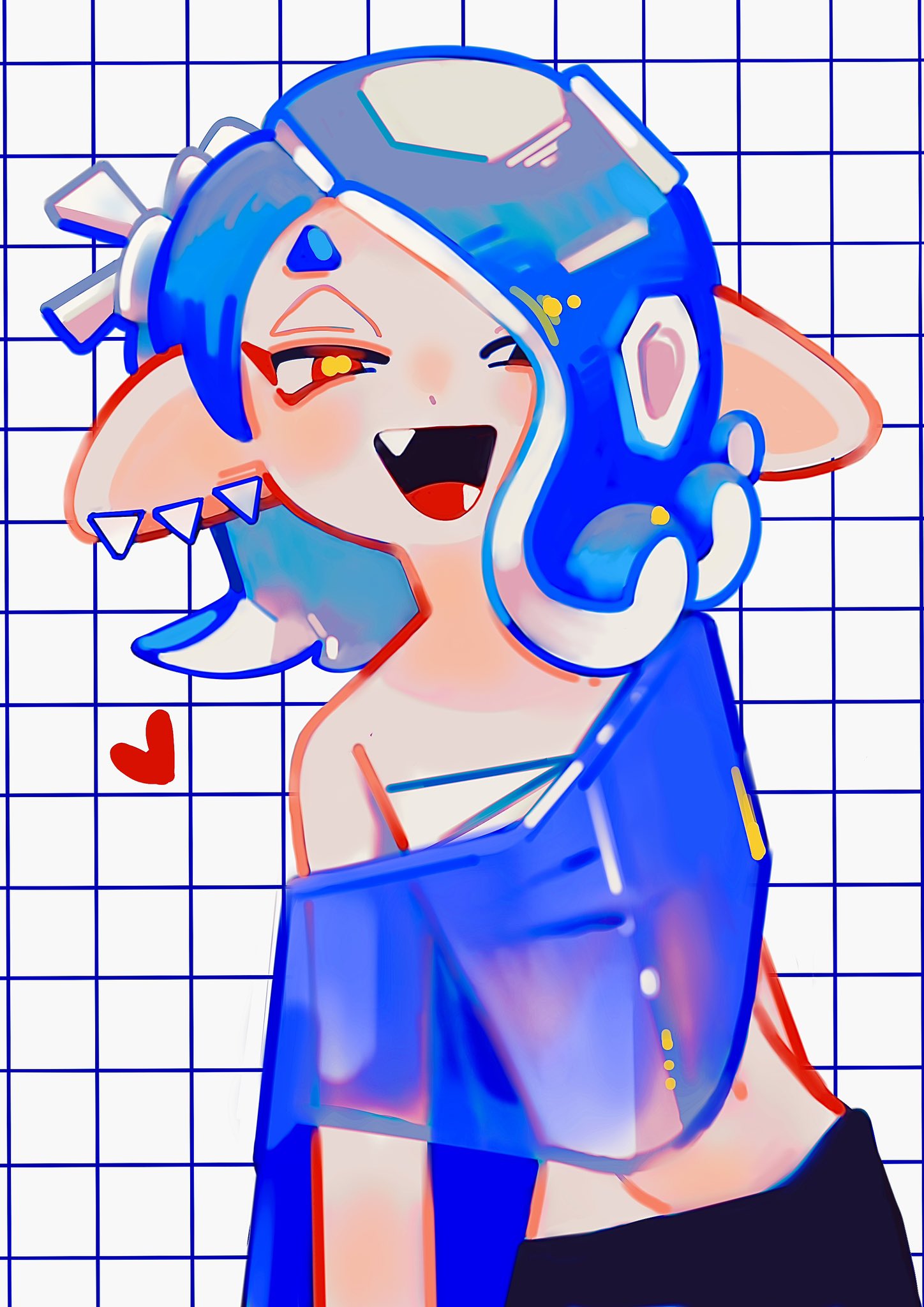 aluy01, shiver (deep cut outfit) (splatoon), shiver (splatoon), nintendo, splatoon (series), splatoon 3, 1girl, blue hair, capelet, chest sarashi, cowboy shot, ear piercing, facing viewer, fangs, grid background, heart, navel, octoling, open mouth, piercing, pointy ears, red eyes, sarashi, smile, solo, tentacle hair