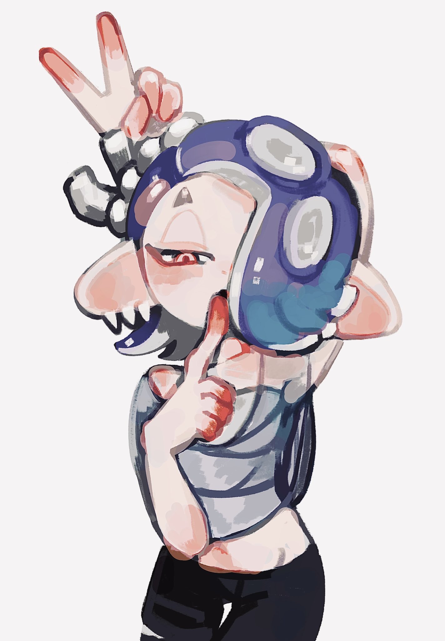 aluy01, shiver (deep cut outfit) (splatoon), shiver (splatoon), nintendo, splatoon (series), splatoon 3, 1girl, blue hair, blush, capelet, chest sarashi, grey background, hair over one eye, navel, nejiri hachimaki, octoling, open mouth, sarashi, solo, tentacle hair, v