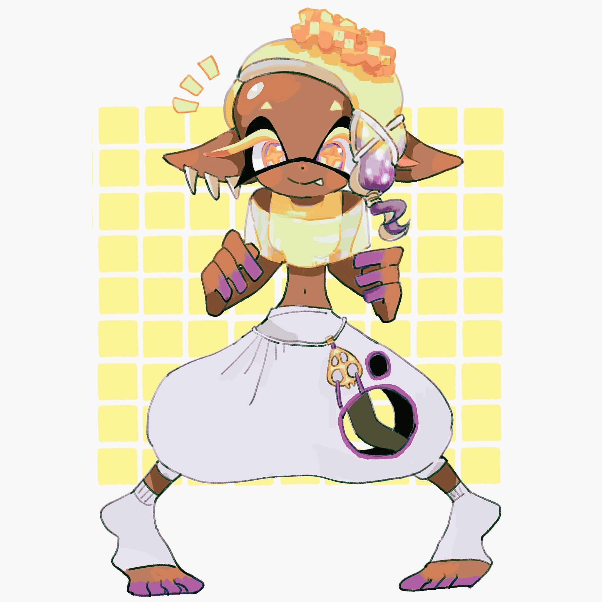 aluy01, frye (deep cut outfit) (splatoon), frye (splatoon), nintendo, splatoon (series), splatoon 3, 1girl, ^^^, baggy pants, blonde hair, dark-skinned female, dark skin, fang, full body, inkling, navel, pants, pointy ears, smile, solo, standing, tentacle hair, toeless legwear, torn clothes, torn pants, yellow eyes