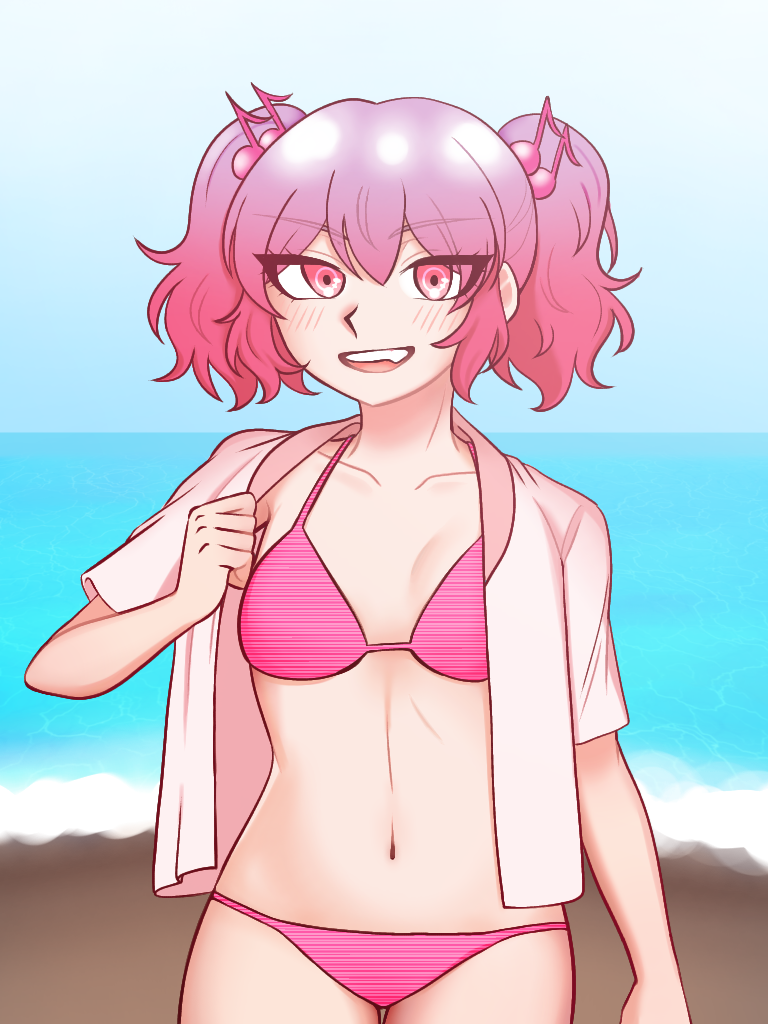 otonokoji hibiki, danganronpa another, super danganronpa another 2, artist request, 1girl, beach, bikini, fortissimo, hair ornament, jacket, looking at viewer, multicolored hair, musical note, musical note hair ornament, pink bikini, pink eyes, pink hair, short hair, smile, solo, swimsuit