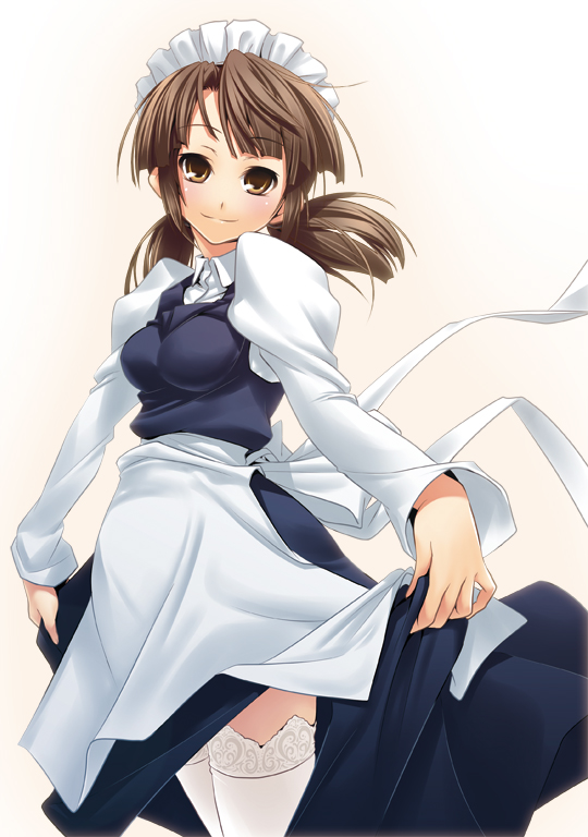 nilitsu, mori sonou, suzumiya haruhi no yuuutsu, beige background, lace-trimmed legwear, 00s, 1girl, apron, blunt bangs, bow, breasts, brown eyes, brown hair, closed mouth, clothes lift, collared shirt, female focus, frills, from side, gradient background, grey hair, head tilt, impossible clothes, lace, lace-trimmed thighhighs, lace trim, legs together, light smile, long hair, long sleeves, low twintails, maid, maid headdress, medium breasts, parted bangs, puffy long sleeves, puffy sleeves, ribbon, shirt, skirt, skirt hold, skirt lift, smile, solo, standing, thighhighs, twintails, waist apron, white apron, white background, white bow, white ribbon, white shirt, white thighhighs, zettai ryouiki