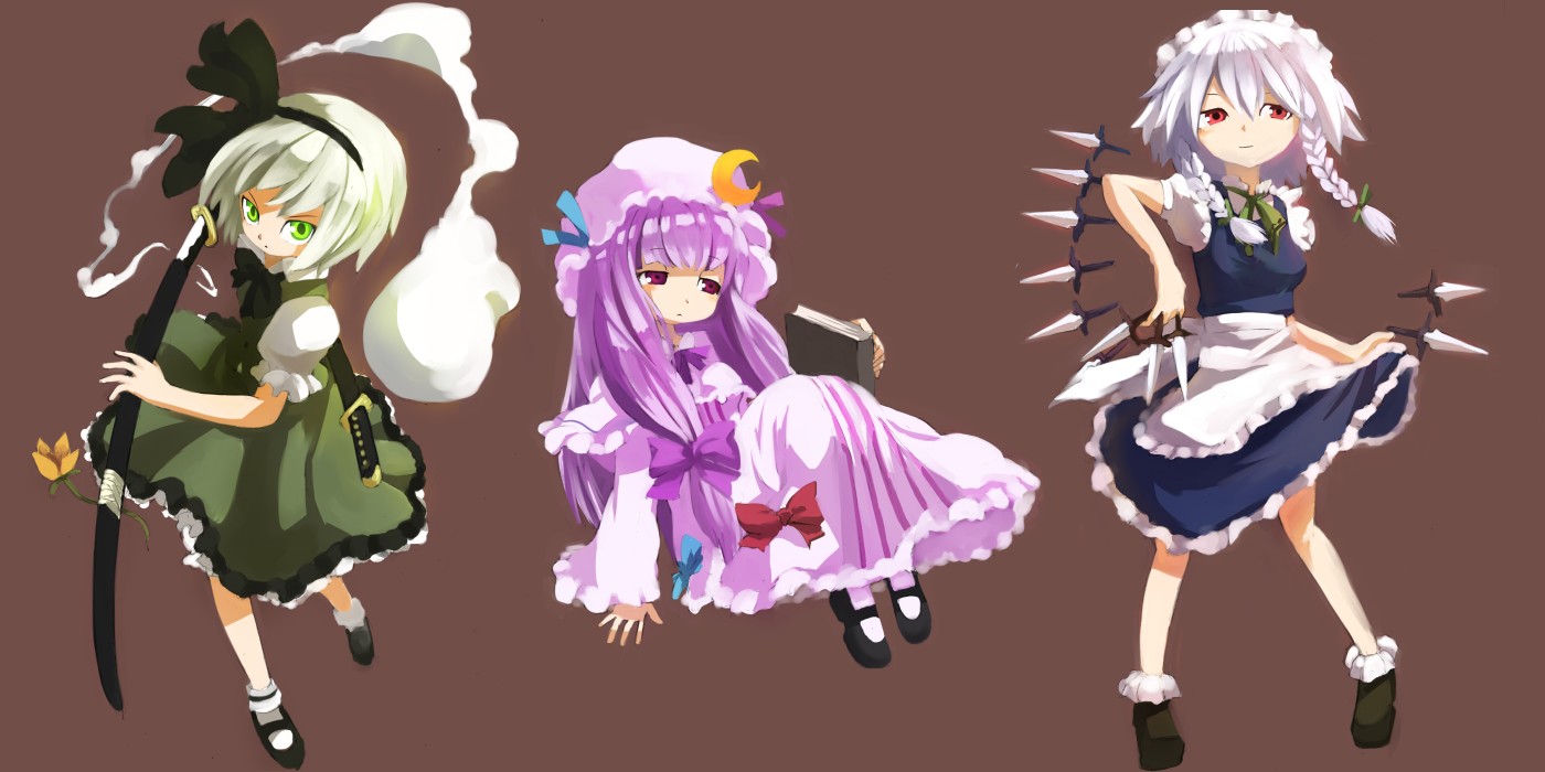 kishibe, izayoi sakuya, konpaku youmu, konpaku youmu (ghost), patchouli knowledge, touhou, silver hair, bad id, bad pixiv id, 3girls, book, braid, dress, female focus, full body, ghost, green eyes, hairband, hat, katana, knife, long hair, maid, multiple girls, purple eyes, purple hair, red eyes, short hair, simple background, sword, throwing knife, twin braids, weapon