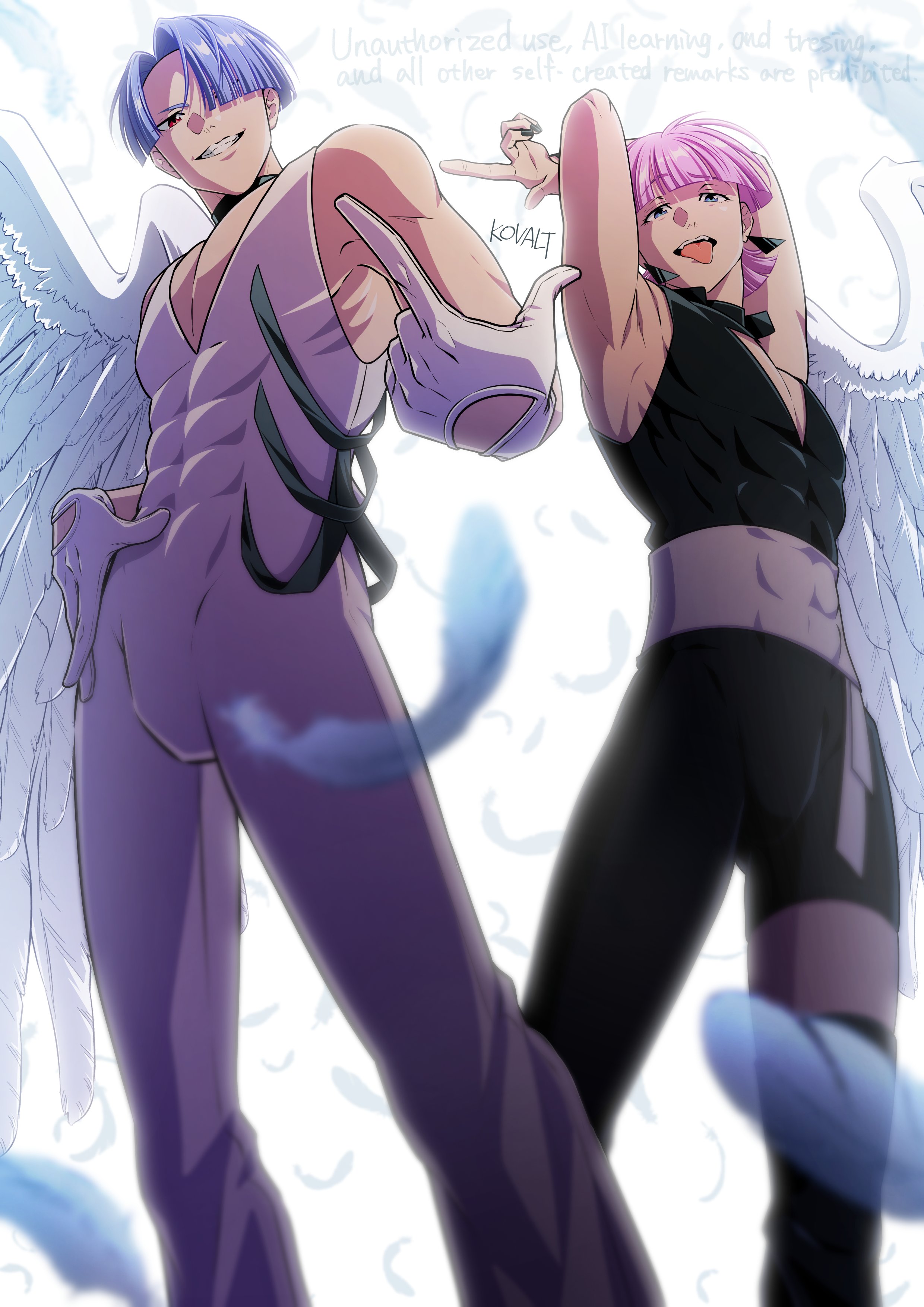 kovalt, polyester (psg), polyurethane (psg), panty & stocking with garterbelt, absurdres, commentary request, highres, 2boys, armpits, arms up, black jumpsuit, black nails, blue eyes, brothers, bulge, covered abs, earrings, from below, gloves, hair over one eye, index finger raised, jewelry, jumpsuit, looking at viewer, male focus, multiple boys, pink hair, red eyes, siblings, sleeveless jumpsuit, standing, teeth, toned, toned male, tongue, tongue out, white gloves, white jumpsuit, wings
