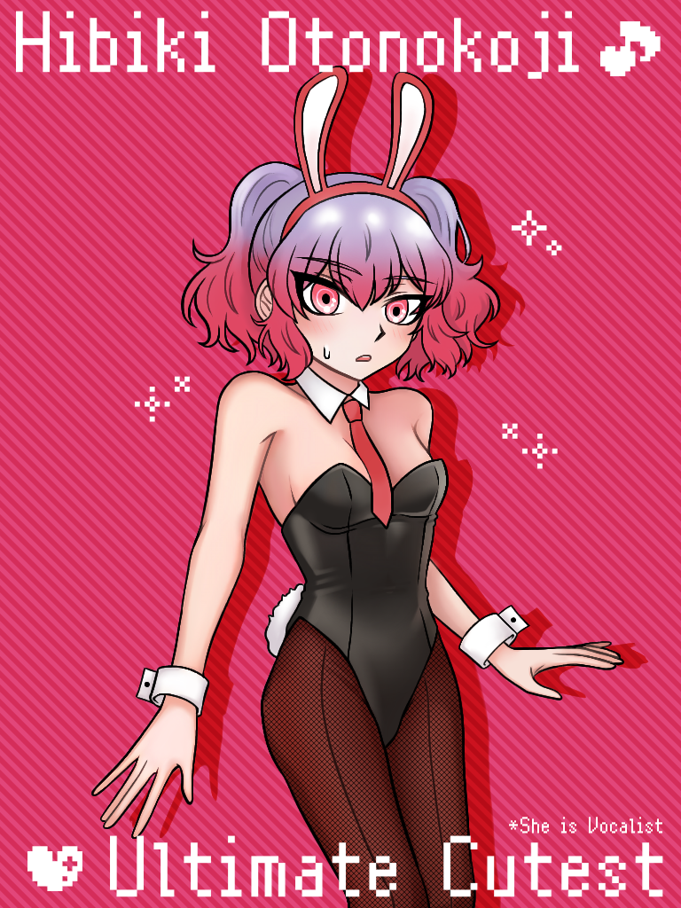 otonokoji hibiki, danganronpa another, super danganronpa another 2, artist request, 1girl, animal ears, black leotard, bow, bowtie, hair ornament, leotard, multicolored hair, pink background, pink eyes, pink hair, playboy bunny, rabbit ears, red bow, red bowtie, short hair, simple background, solo, sweatdrop