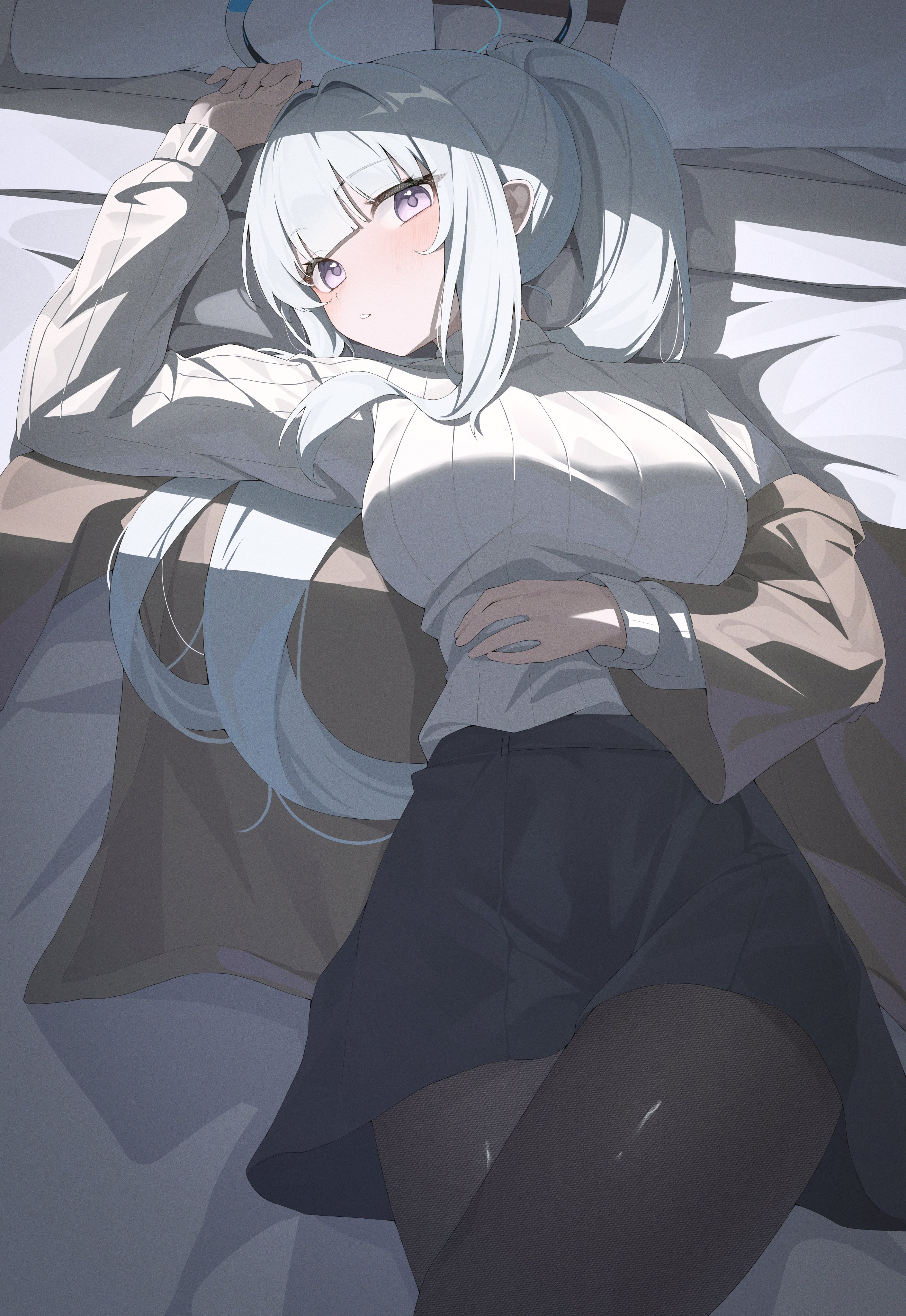 k cyp, noa (blue archive), blue archive, absurdres, commentary request, highres, 1girl, black pantyhose, black skirt, breasts, cowboy shot, crossed legs, grey eyes, halo, hand up, jacket, jacket partially removed, large breasts, long hair, long sidelocks, long sleeves, looking at viewer, lying, mechanical halo, on back, pantyhose, parted lips, ponytail, ribbed sweater, shadow, sidelocks, skirt, solo, sweater, sweater tucked in, white hair, white sweater