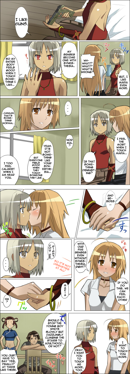 canaan (character), oosawa maria, yunyun (canaan), 428, 428: fuusa sareta shibuya de, canaan (series), chunsoft, hard-translated, highres, third-party edit, translated, 1boy, 3girls, bare shoulders, blonde hair, blush, brown eyes, comic, indoors, long hair, multiple girls, yuri