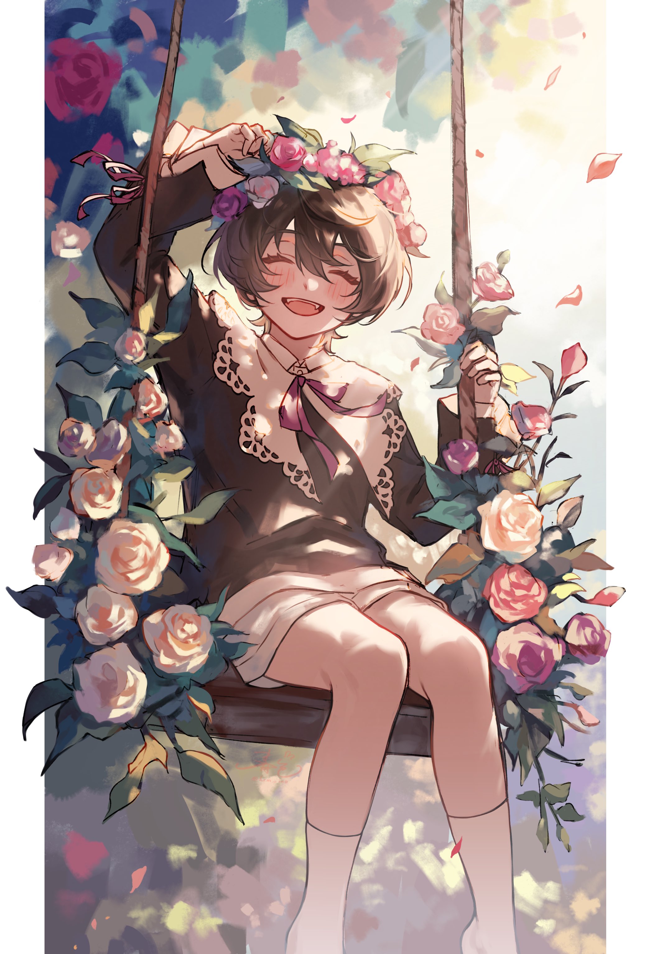 haruiro (hrm ino), sakuma ritsu, ensemble stars!, absurdres, highres, 1boy, aged down, arm up, black hair, black shirt, blush, closed eyes, flower, full body, hair between eyes, hand up, holding, janus (ensemble stars!), leaf, long sleeves, male focus, on swing, open mouth, outdoors, painterly, petals, pillarboxed, puritan collar, purple ribbon, ribbon, shirt, shirt ribbon, short hair, shorts, sitting, sleeve ribbon, smile, socks, solo, swing, teeth, upper teeth only, white shorts, white socks