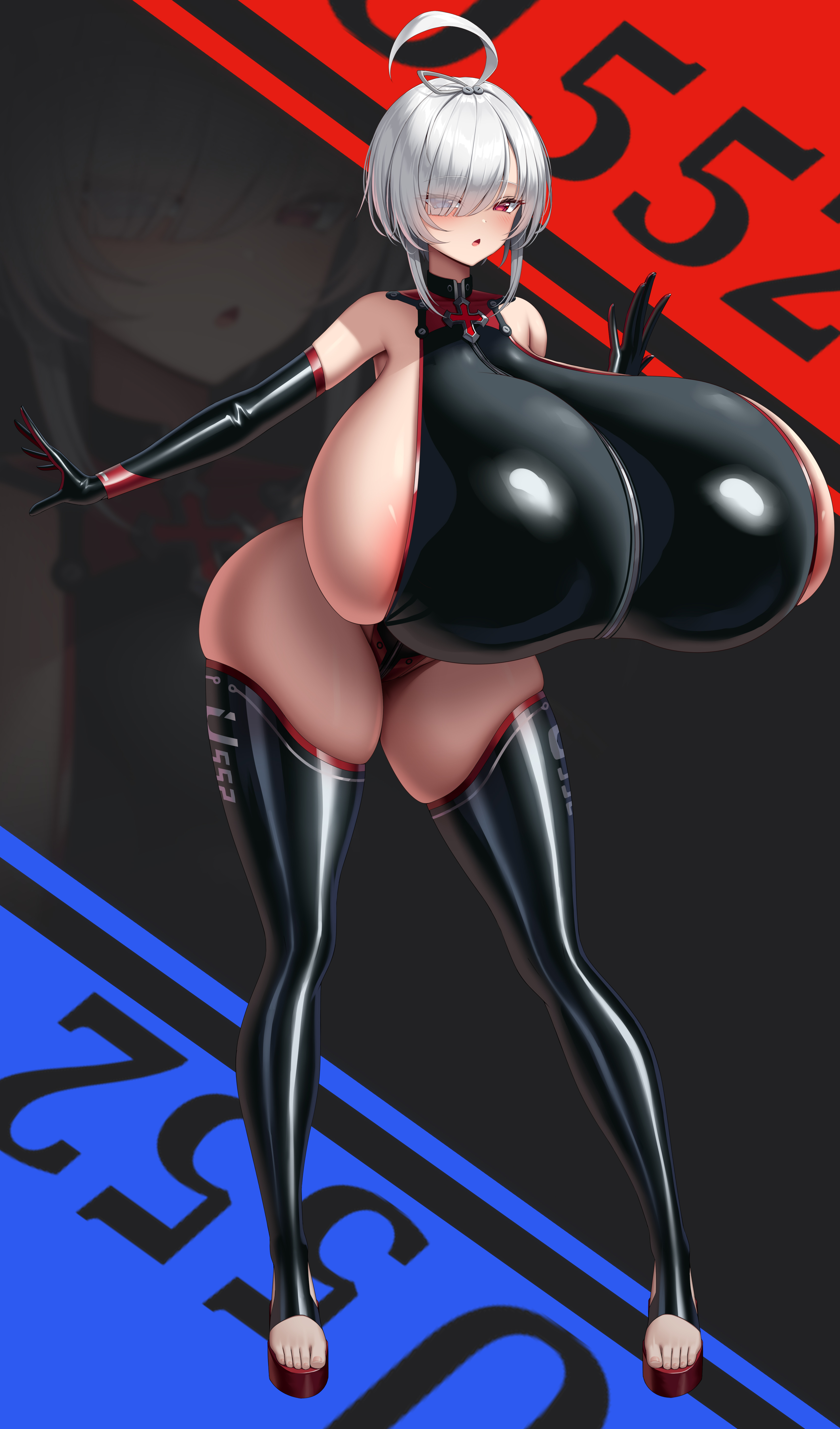 yue huang qing vassago, u-552 (azur lane), azur lane, absurdres, highres, 1girl, ahoge, alternate breast size (larger), areola slip, black gloves, black one-piece swimsuit, black thighhighs, blue eyes, breast expansion, breasts, character name, elbow gloves, eyes visible through hair, full body, gigantic breasts, gloves, groin, hair over one eye, heterochromia, latex, latex legwear, latex thighhighs, looking at viewer, one-piece swimsuit, red eyes, short hair, sideboob, skindentation, solo, stirrup legwear, swimsuit, thighhighs, toeless legwear, white hair, zoom layer