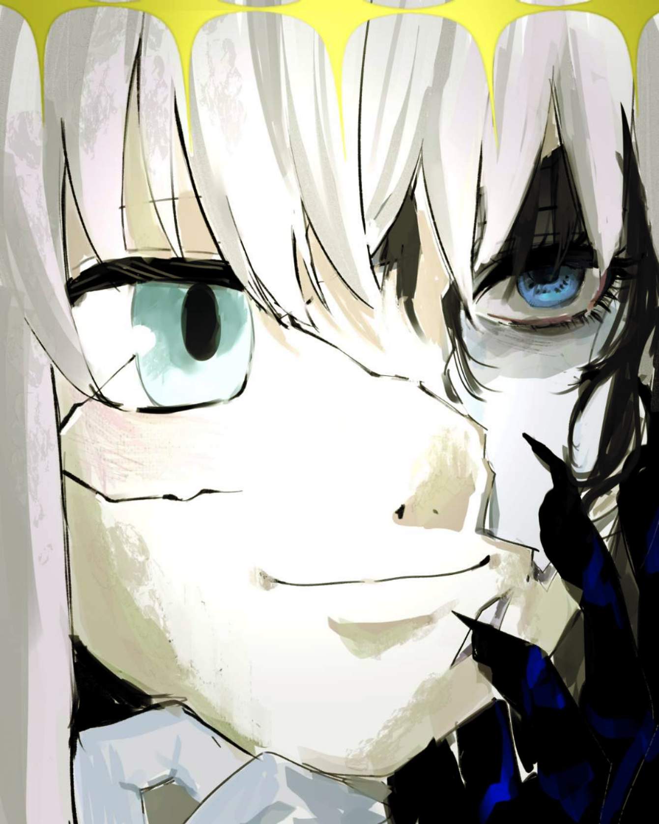 oberon (fate), oberon (second ascension) (fate), oberon (third ascension) (fate), fate/grand order, fate (series), highres, 1boy, black hair, blue eyes, dual persona, fgo babjo, hair between eyes, mask, profile, short hair, smile, solo, white hair