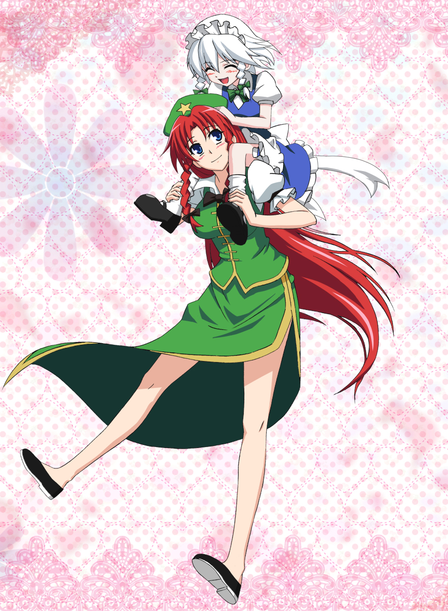 h-new, hong meiling, izayoi sakuya, embodiment of scarlet devil, touhou, silver hair, highres, 2girls, aged down, blue eyes, braid, china dress, chinese clothes, dress, female focus, hat, long hair, maid, multiple girls, red hair, short hair, twin braids