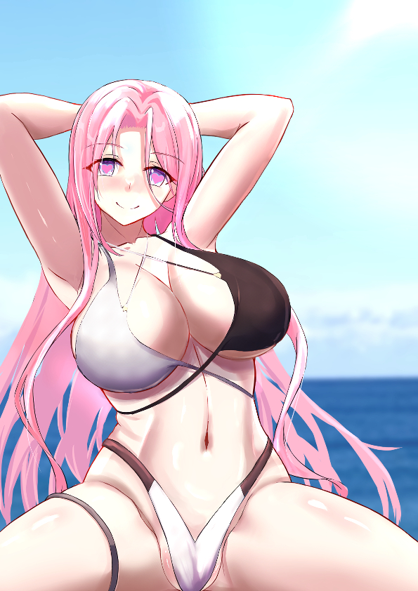 mitsuhanako, lexington (azur lane), tosa (azur lane), tosa (hometown zest) (azur lane), azur lane, commission, pixiv commission, 1girl, armpits, arms behind head, bikini, black bikini, blue sky, blush, breasts, closed mouth, cosplay, heart, heart-shaped pupils, huge breasts, long hair, looking at viewer, multicolored bikini, navel, outdoors, pink hair, purple eyes, sky, smile, solo, stomach, swimsuit, symbol-shaped pupils, tosa (azur lane) (cosplay), two-tone bikini, white bikini