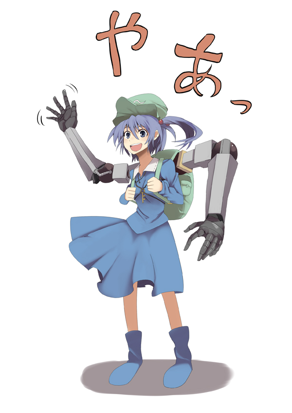mieharu, kawashiro nitori, touhou, 1girl, backpack, bag, blue eyes, blue hair, female focus, full body, hair bobbles, hair ornament, hat, key, matching hair/eyes, mechanical arms, randoseru, short hair, simple background, single mechanical arm, skirt, solo, twintails, two side up, waving, white background