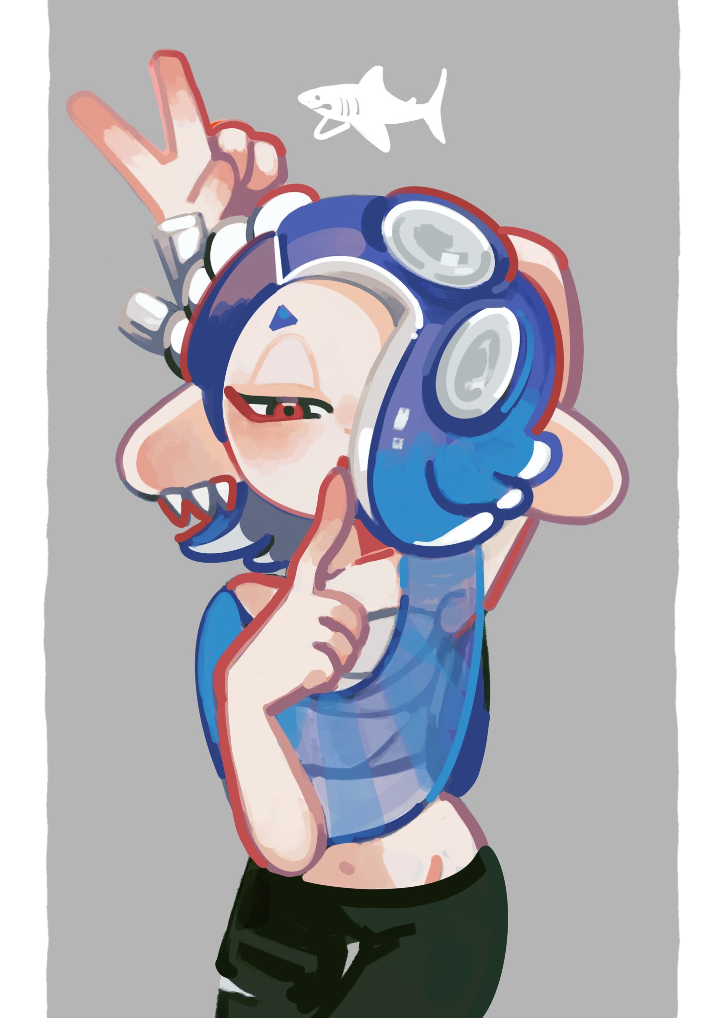 aluy01, shiver (deep cut outfit) (splatoon), shiver (splatoon), nintendo, splatoon (series), splatoon 3, redrawn, 1girl, blue hair, blush, capelet, chest sarashi, finger to mouth, grey background, hair over one eye, navel, nejiri hachimaki, octoling, open mouth, sarashi, solo, tentacle hair, v