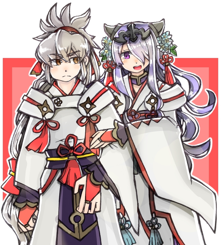 camilla (fire emblem), camilla (holiday traveler) (fire emblem), takumi (fire emblem), takumi (prince of soup) (fire emblem), fire emblem, fire emblem fates, fire emblem heroes, nintendo, 1boy, 1girl, alternate costume, bridal gauntlets, chignon, flower, grey hair, hair flower, hair ornament, hair over one eye, holding another's arm, japanese clothes, kimono, looking at another, looking at viewer, official alternate costume, older female and younger male, one eye covered, orange eyes, purple eyes, purple hair, tiara