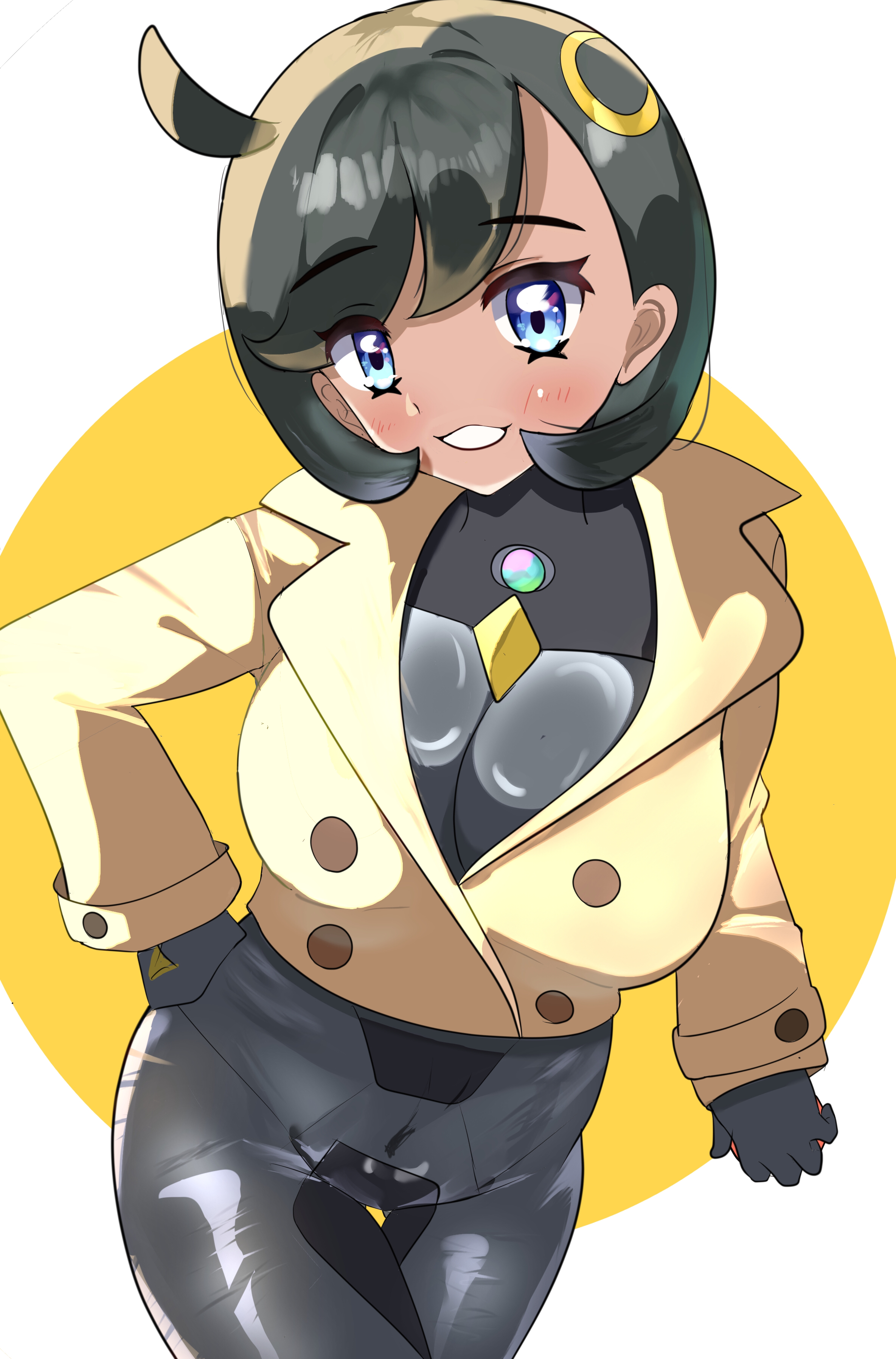 edwith27, emma (pokemon), nintendo, pokemon, pokemon legends: z-a, 1girl, black hair, blush, bodysuit, breasts, dark-skinned female, dark skin, gloves, jacket, large breasts, long sleeves, looking at viewer, purple eyes, short hair, simple background, teeth