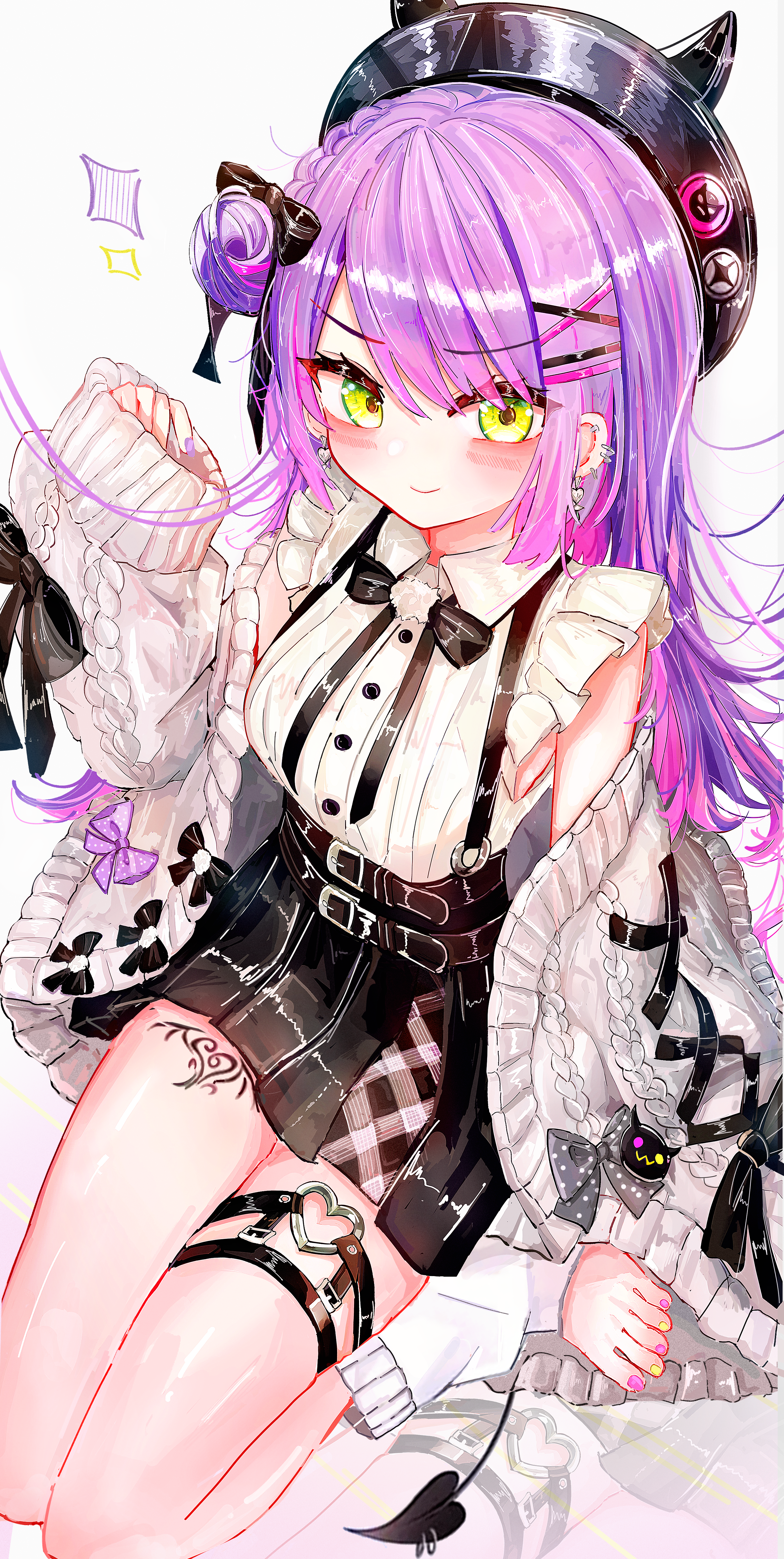 a1u, tokoyami towa, tokoyami towa (jirai kei), hololive, absurdres, highres, revision, 1girl, barefoot, black hat, black skirt, blush, breasts, cardigan, closed mouth, demon girl, demon tail, ear piercing, earrings, fake horns, green eyes, grey cardigan, hair bun, hair ornament, hairclip, hat, heart, heart o-ring, horned headwear, horns, jewelry, jirai kei, leg tattoo, leg warmers, long hair, long sleeves, looking at viewer, multicolored hair, multicolored nails, o-ring, o-ring thigh strap, official alternate costume, parallel hairclips, piercing, pink hair, pink nails, purple hair, purple nails, shirt, single side bun, sitting, skirt, sleeves past wrists, small breasts, solo, suspender skirt, suspenders, tail, tattoo, thigh strap, two-tone hair, virtual youtuber, wariza, white leg warmers, white shirt, x hair ornament, yellow nails