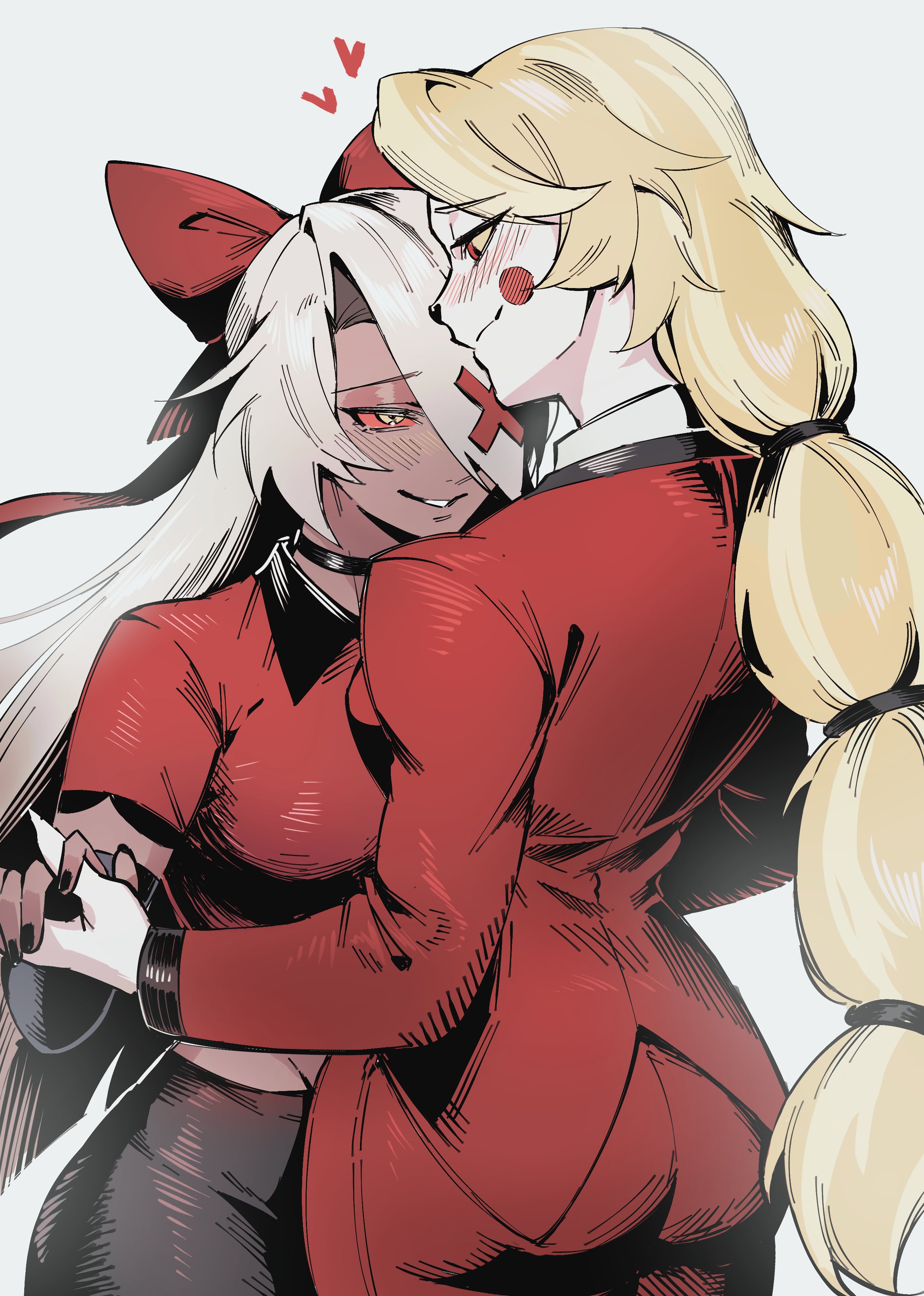 kazuya (kozun), charlie morningstar, vaggie, hazbin hotel, hellaverse, absurdres, highres, 2girls, ass, black nails, blonde hair, blush, bow, circle facial mark, colored sclera, colored skin, couple, demon girl, formal clothes, grey skin, hair bow, hair over one eye, heart, holding hands, long hair, multi-tied hair, multiple girls, pink sclera, red bow, red eyes, red suit, simple background, smile, suit, very long hair, white skin, yellow sclera, yuri