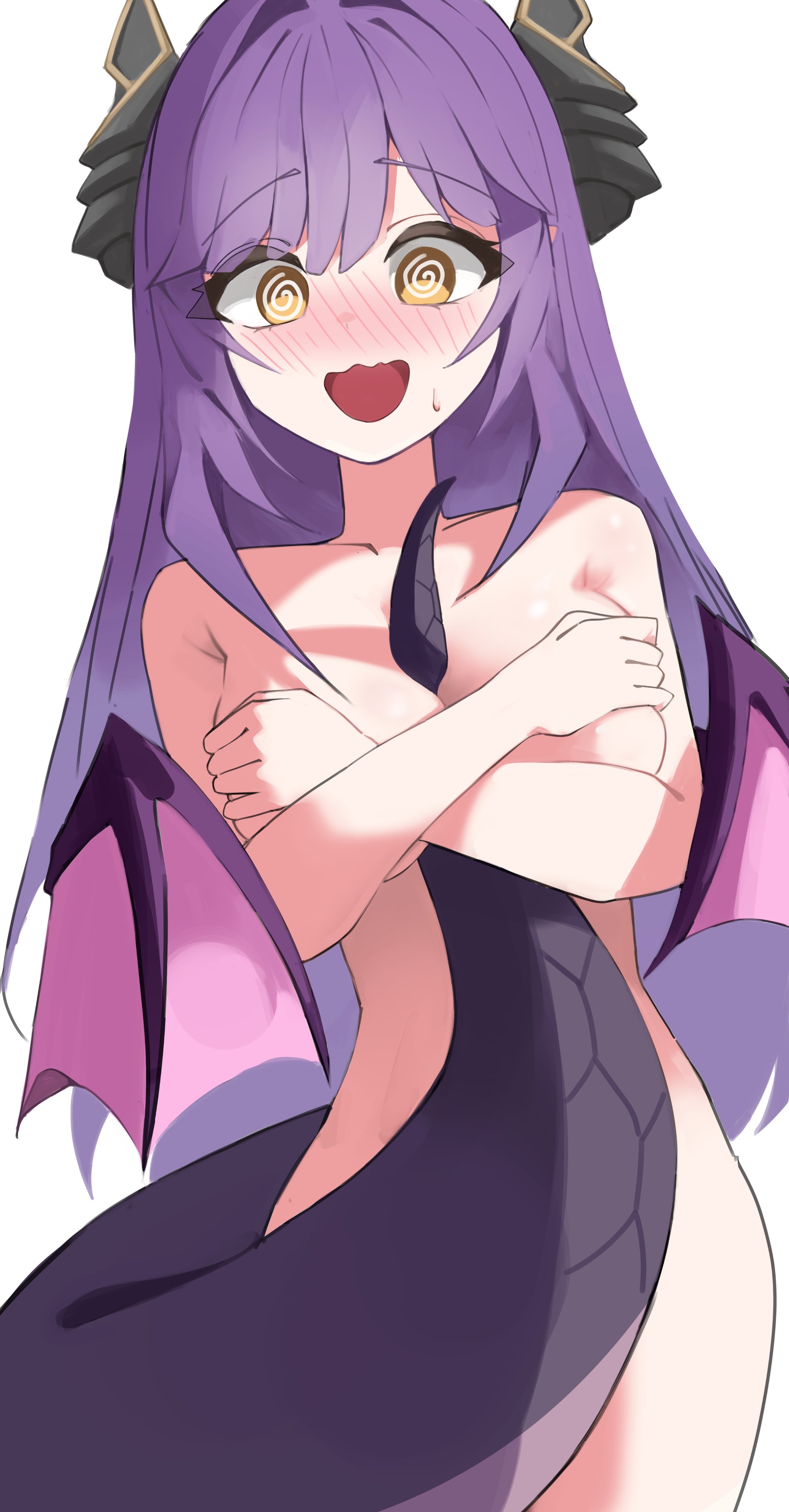 sakihane huya, stellive, absurdres, commentary request, highres, korean commentary, 1girl, @ @, armpit crease, between breasts, blush, breasts, completely nude, covering breasts, covering privates, cowboy shot, dragon girl, dragon horns, dragon tail, horns, large breasts, long hair, looking at viewer, nose blush, nude, open mouth, purple hair, raised eyebrows, renibou, simple background, small sweatdrop, solo, standing, tail, tail between breasts, virtual youtuber, wavy mouth, white background, wings, yellow eyes