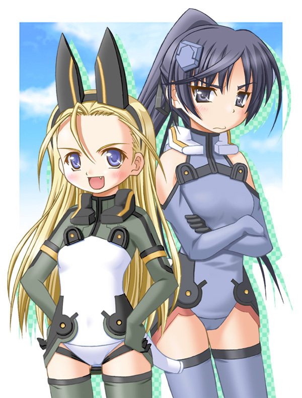 shiumai, elise von dietrich, ichijou eika, sky girls, green legwear, pilot suit, bad id, bad pixiv id, 00s, 2girls, :d, ahoge, animal ears, annoyed, bare shoulders, black eyes, black hair, blonde hair, blue eyes, blue gloves, blue thighhighs, blush, breasts, cameltoe, cloud, covered navel, cowboy shot, crossed arms, day, elbow gloves, fake animal ears, fang, flat chest, gloves, hairband, hands on own hips, headgear, high ponytail, leotard, long hair, looking at viewer, mecha pilot suit, motion slit, multiple girls, open mouth, outdoors, parted bangs, ponytail, shadow, sky, small breasts, smile, thighhighs, turtleneck, very long hair, wavy mouth