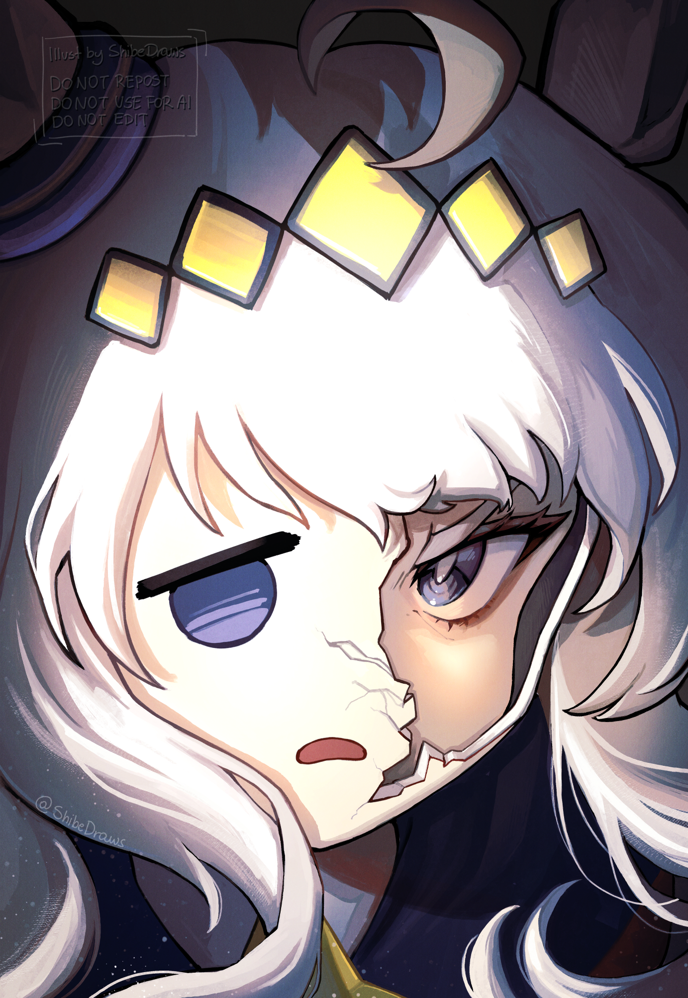 shibedraws, oguri cap (starlight beat) (umamusume), oguri cap (umamusume), umamusume, umamusume: cinderella gray, highres, 1girl, ahoge, animal ears, blue eyes, blue sailor collar, broken mask, brooch, close-up, crack, cracked kawaii mask, cracked mask, ear ornament, grey hair, hair ornament, hairband, horse ears, horse girl, jewelry, long hair, looking at viewer, mask, portrait, sailor collar, solo, star brooch