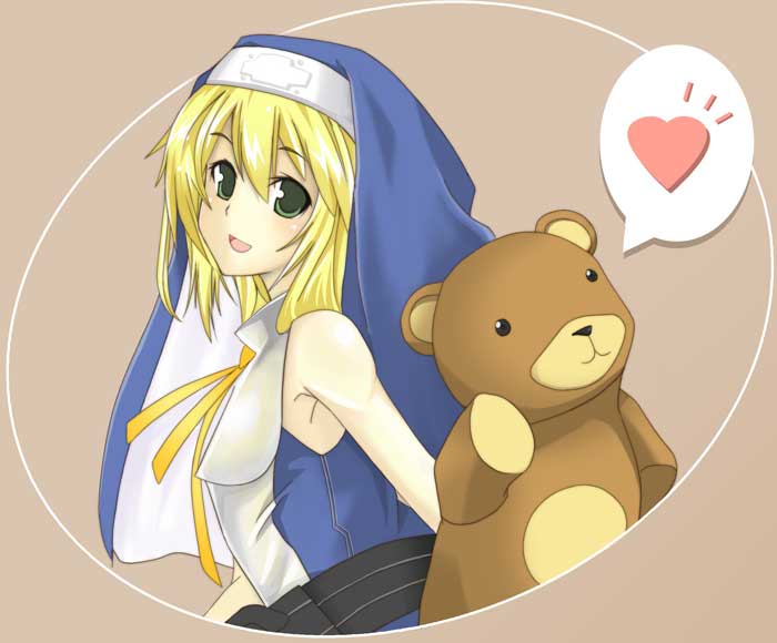 yatsuhashi (tyatsuhashi), bridget (guilty gear), roger (guilty gear), guilty gear, guilty gear xx, commentary, 1boy, :d, arm up, bare arms, bare shoulders, blonde hair, blue veil, blue vest, border, brown background, drop shadow, green eyes, guimpe, hair between eyes, heart, inset border, looking at viewer, male focus, medium hair, neck ribbon, notice lines, nun, object belt, open mouth, oversized object, ribbon, round border, shirt, sleeveless, sleeveless shirt, smile, spoken heart, stuffed animal, stuffed toy, teddy bear, trap, two-sided veil, upper body, veil, vest, white shirt, yellow ribbon