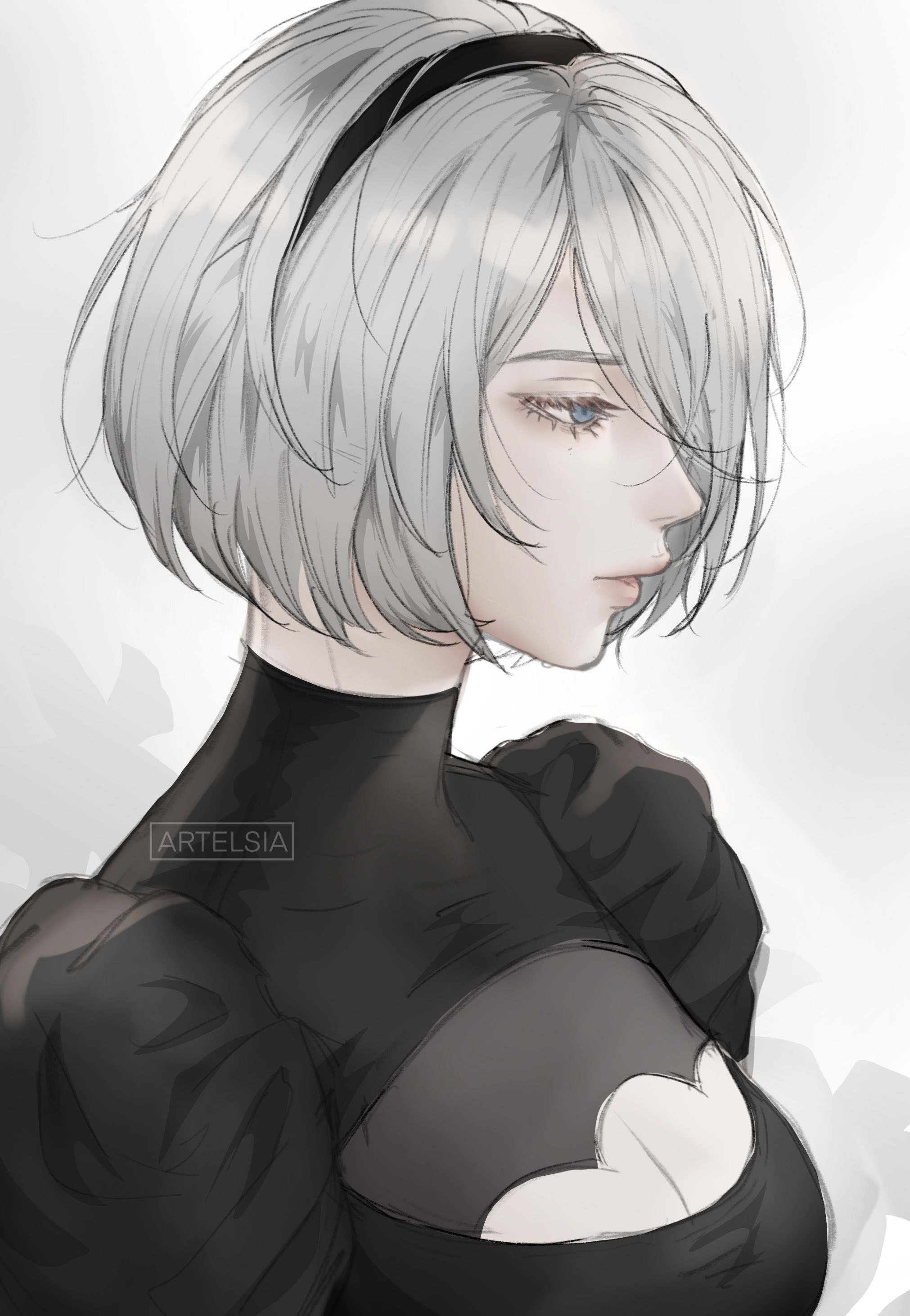 artelsia, 2b (nier:automata), nier:automata, nier (series), absurdres, commentary, highres, 1girl, artist name, black dress, black hairband, blue eyes, breasts, cleavage, cleavage cutout, closed mouth, clothing cutout, dress, eyelashes, from side, grey hair, hairband, juliet sleeves, lips, long sleeves, medium breasts, profile, puffy sleeves, short hair, solo, turtleneck, turtleneck dress, upper body