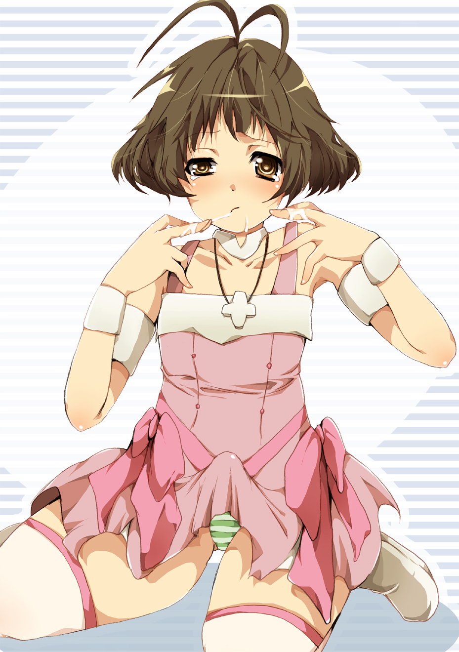 shouno kotarou, akizuki ryo, idolmaster, idolmaster dearly stars, bad id, bad pixiv id, highres, 00s, 1boy, androgynous, bulge, crossdressing, crossdressing (mtf), cum, cute & girly (idolmaster), erection, erection under clothes, male focus, panties, penis, shota, solo, striped clothes, striped panties, tears, thighhighs, trap, underwear