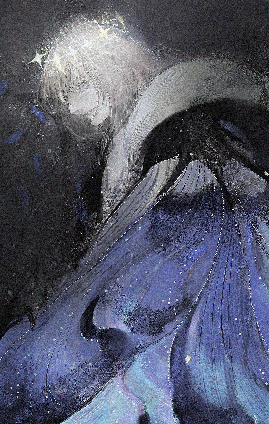 eucharist (susukinoo), oberon (fate), oberon (third ascension) (fate), fate/grand order, fate (series), highres, 1boy, blue eyes, bug, butterfly, cloak, fur trim, grey hair, hair between eyes, insect, short hair, solo, star (symbol)