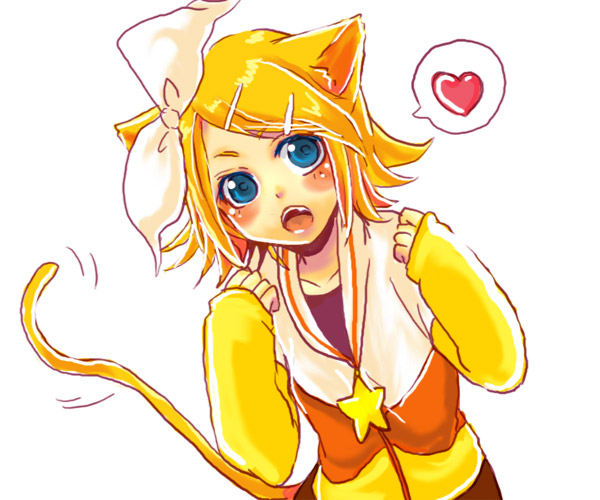 shinigami a, kagamine rin, juvenile (vocaloid), vocaloid, bad id, bad pixiv id, 1girl, animal ears, blonde hair, blue eyes, female focus, hair ornament, hair ribbon, hairclip, heart, ribbon, short hair, solo, tail, white background