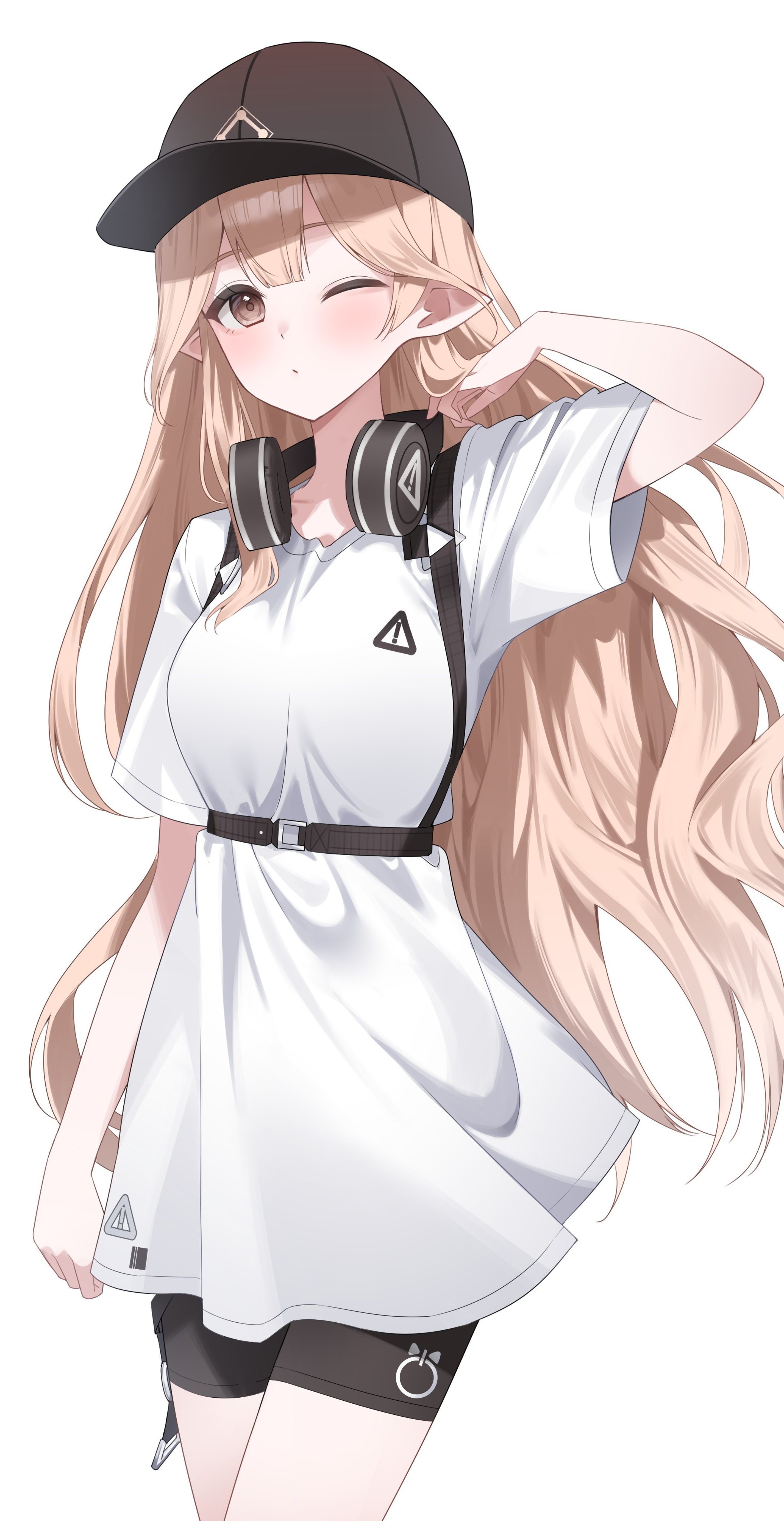 n4 h4m, original, absurdres, highres, 1girl, arm at side, baseball cap, belt, black belt, black hat, black shorts, blonde hair, brown eyes, chest belt, closed mouth, dot mouth, hand up, hat, headphones, headphones around neck, long hair, long shirt, one eye closed, pointy ears, shirt, shorts, simple background, solo, standing, t-shirt, very long hair, white background, white shirt
