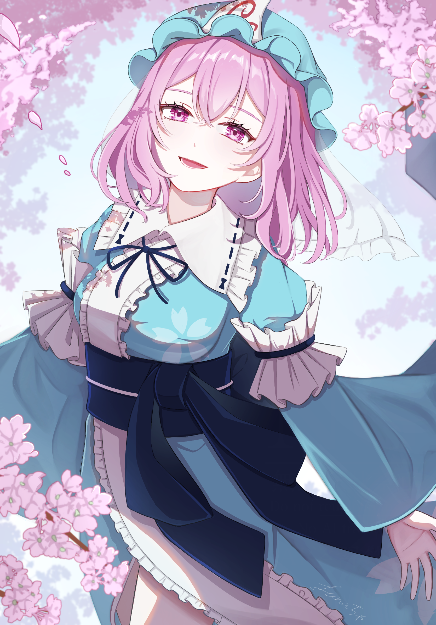saigyouji yuyuko, touhou, commentary, highres, 1girl, blue hat, blue kimono, blue ribbon, breasts, cherry blossoms, flower, frilled kimono, frills, hat, japanese clothes, kimono, long sleeves, looking at viewer, luuu u u, mob cap, neck ribbon, open mouth, petal print, pink eyes, pink flower, pink hair, print kimono, ribbon, sleeve garter, smile, solo, triangular headpiece, wide sleeves