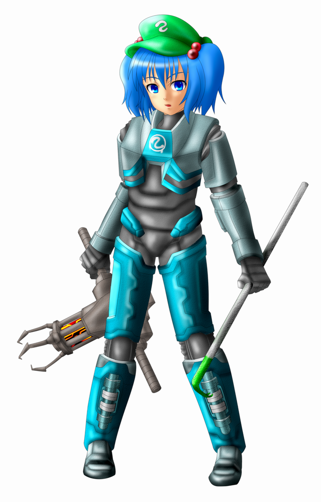 five-seven (0verlimits), kawashiro nitori, half-life, half-life (series), half-life 2, touhou, armor, blue eyes, blue hair, blue theme, crossover, crowbar, formal clothes, gloves, gravity gun, gun, hair bobbles, hair ornament, hat, looking at viewer, short hair, suit, twintails, weapon, white background