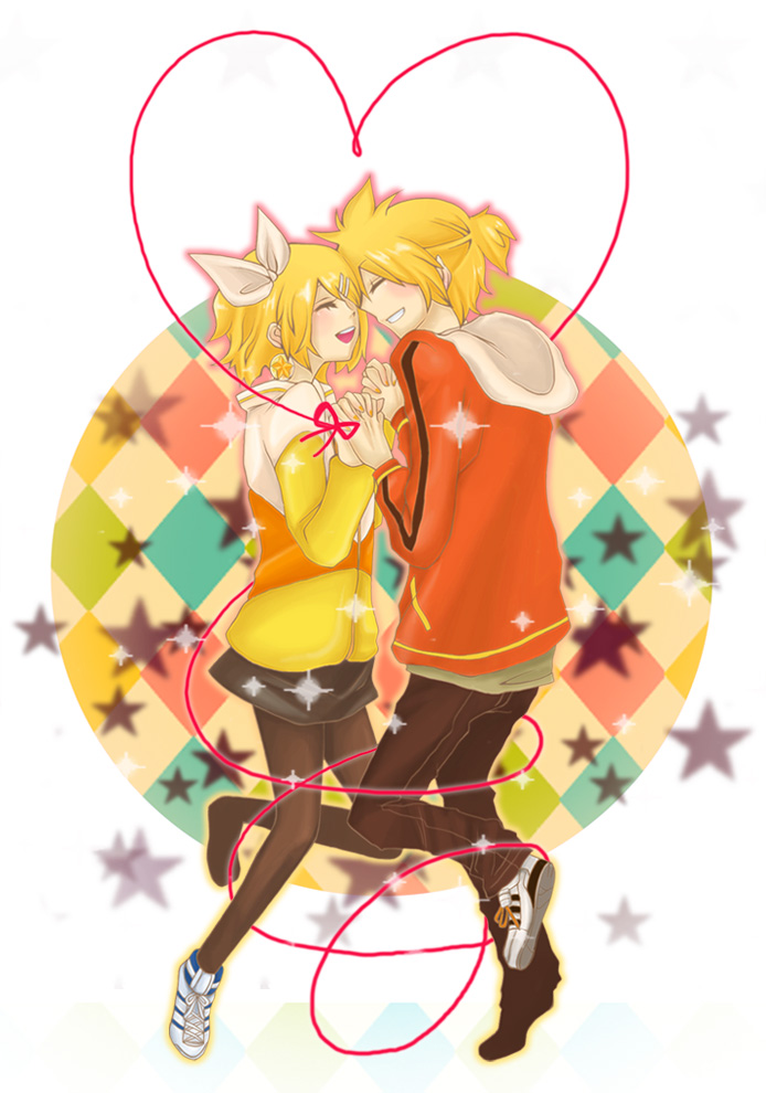 anjixe, kagamine len, kagamine rin, juvenile (vocaloid), vocaloid, 1boy, 1girl, blonde hair, brother and sister, casual, closed eyes, hair ornament, hair ribbon, hairclip, hetero, holding hands, pantyhose, ribbon, short hair, siblings, smile, twins
