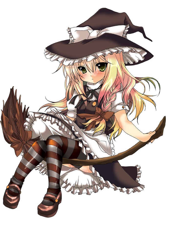 hikanyan, kirisame marisa, touhou, 1girl, blonde hair, braid, broom, female focus, full body, hat, long hair, simple background, skirt, solo, striped clothes, striped thighhighs, thighhighs, white background, witch, witch hat, yellow eyes