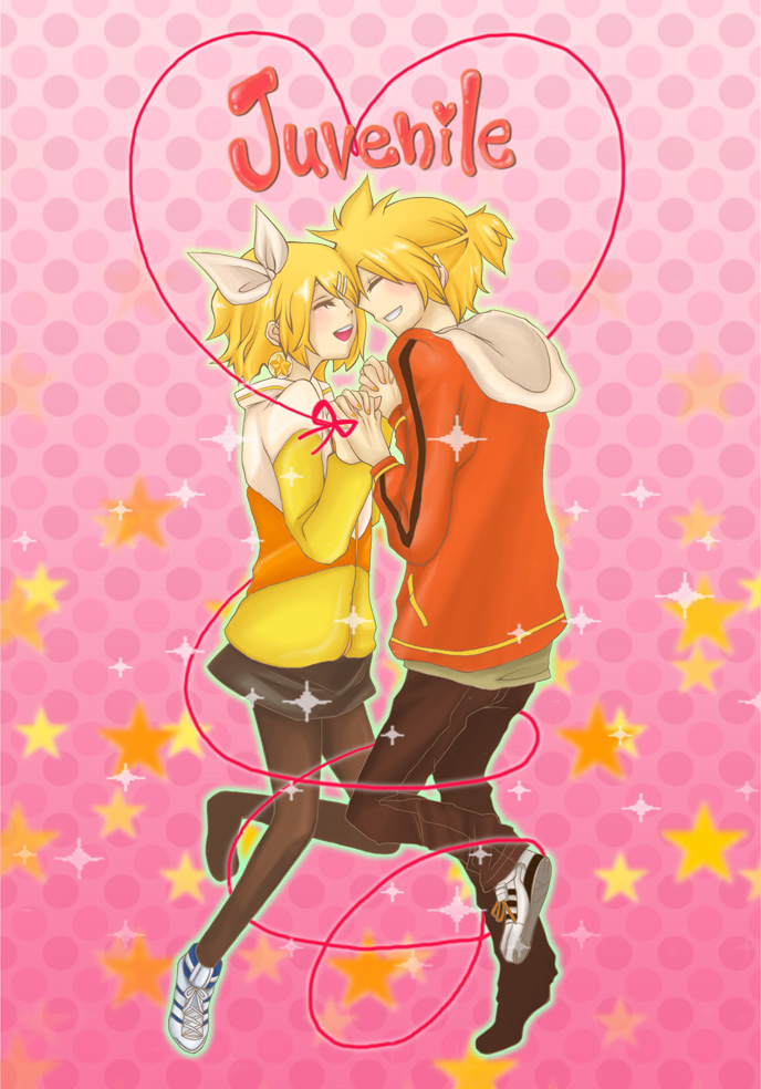 anjixe, kagamine len, kagamine rin, juvenile (vocaloid), vocaloid, 1boy, 1girl, blonde hair, brother and sister, casual, closed eyes, hair ornament, hair ribbon, hairclip, hetero, holding hands, pantyhose, ribbon, short hair, siblings, smile, twins