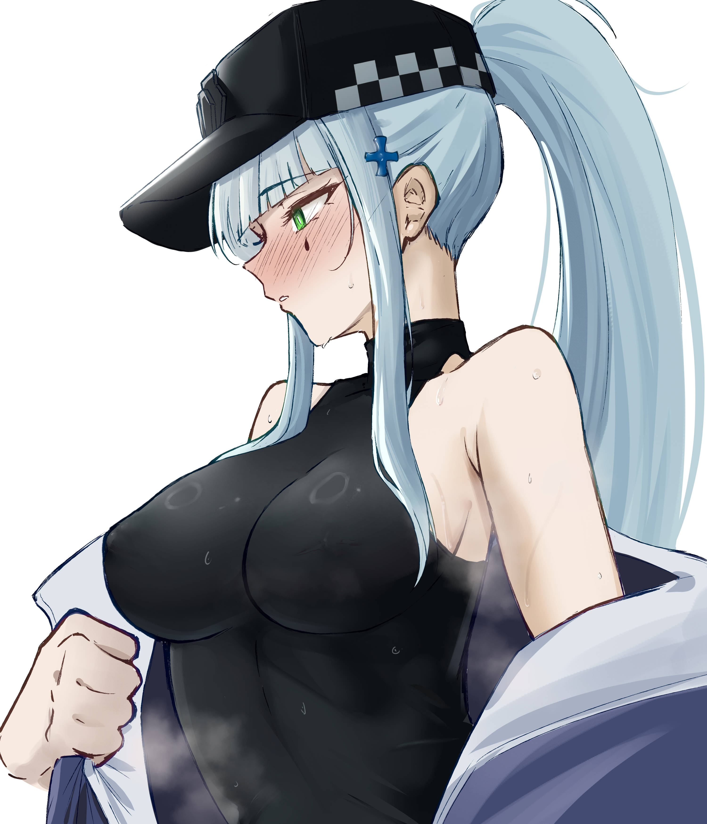 brian (delknoder), hk416 (girls' frontline), klukai (girls' frontline 2), girls' frontline, girls' frontline 2: exilium, absurdres, highres, 1girl, bare shoulders, black hat, black leotard, blue hair, blush, breasts, clothes pull, covered erect nipples, cross, facepaint, from side, green eyes, hair ornament, hairclip, half-closed eyes, hat, iron cross, jacket, jacket pull, leotard, long hair, looking to the side, medium breasts, off shoulder, ponytail, pulling own clothes, skin tight, solo, teardrop, undressing, upper body, very long hair, wet