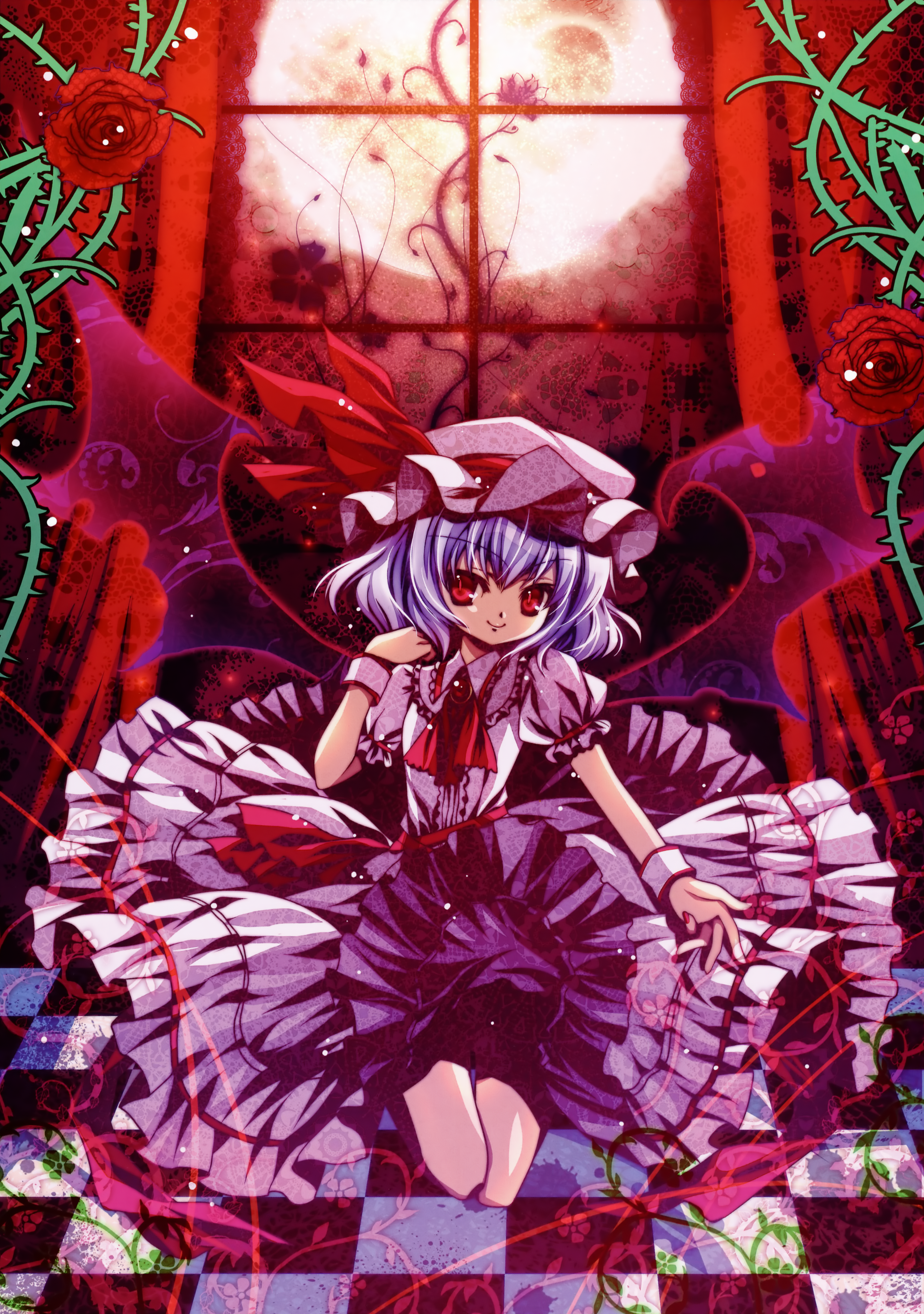 capura lin, remilia scarlet, touhou, light purple hair, absurdres, highres, huge filesize, 1girl, bat wings, female focus, flower, hat, plant, red eyes, rose, solo, vines, wings, wrist cuffs