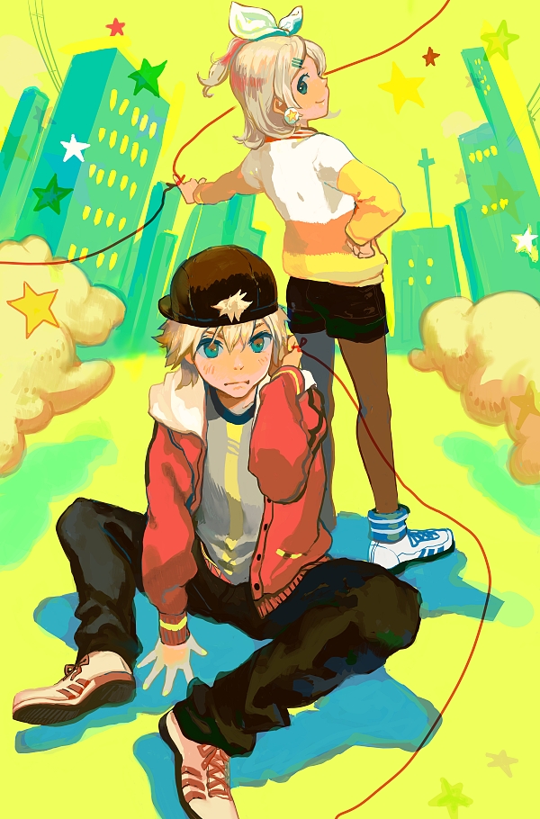 taira, kagamine len, kagamine rin, juvenile (vocaloid), vocaloid, bad id, bad pixiv id, 1boy, 1girl, baseball cap, blonde hair, blue eyes, brother and sister, casual, hair ornament, hair ribbon, hairclip, hand on own hip, hat, hip focus, looking back, pantyhose, ribbon, short hair, siblings, twins