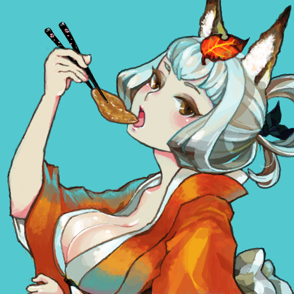 kaworu, kongiku, oboro muramasa, silver hair, 1girl, aburaage, animal ears, breasts, brown eyes, chopsticks, eating, eyeshadow, female focus, food, fox ears, hair ribbon, hair up, japanese clothes, kimono, large breasts, leaf, leaf on head, makeup, object on head, open mouth, ribbon, simple background, solo, tofu