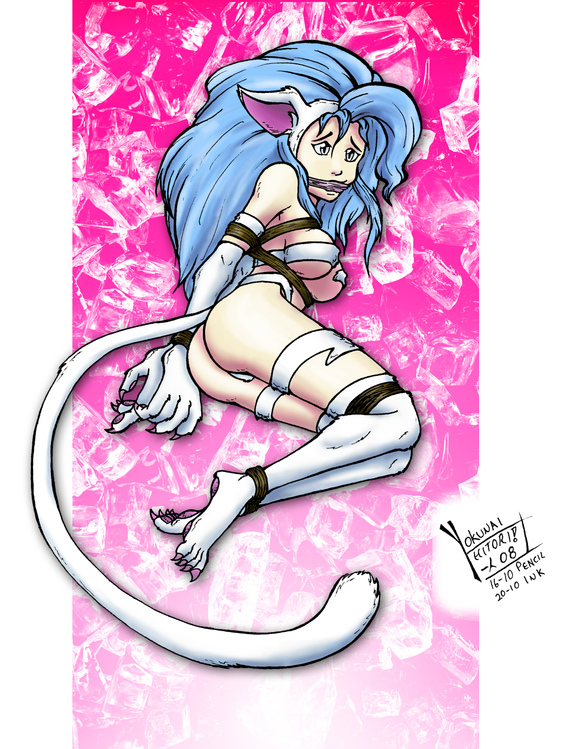 felicia, capcom, darkstalkers, highres, animal ears, bdsm, blue hair, bondage, cat ears