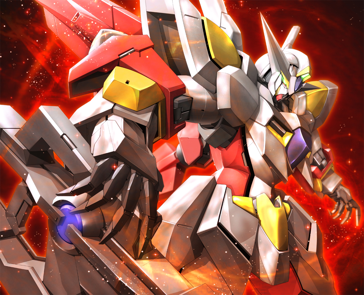zb (dawn-blue), reborns gundam, gundam, gundam 00, 00s, armor, cowboy shot, glowing, glowing eyes, green eyes, gun, holding, holding gun, holding weapon, horns, light particles, mecha, no humans, red theme, robot, solo, sparkle, standing, weapon
