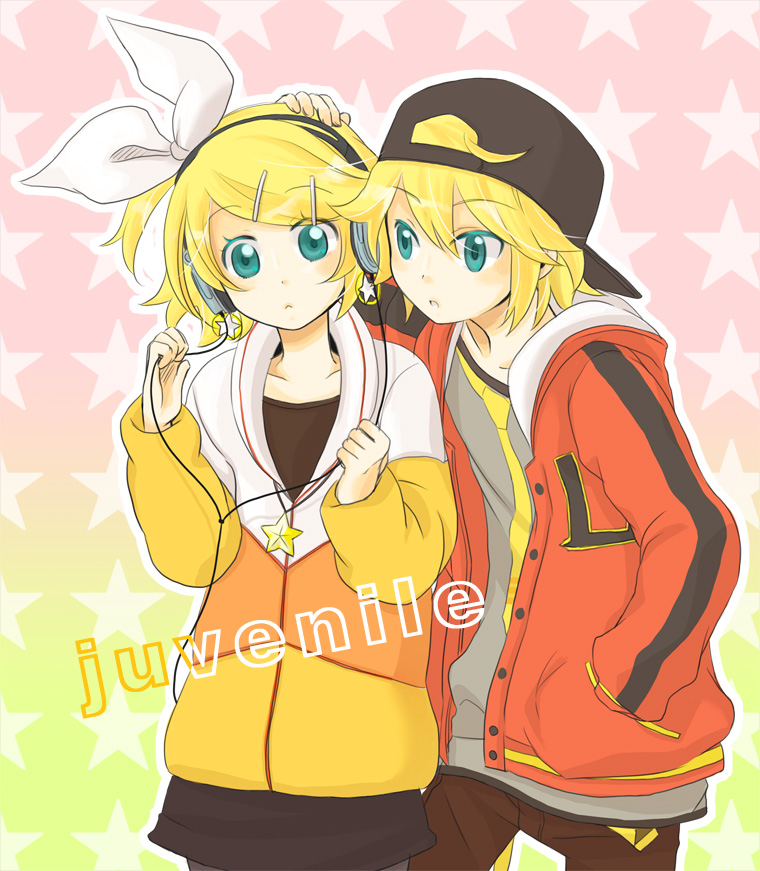 rencon, kagamine len, kagamine rin, juvenile (vocaloid), vocaloid, bad id, bad pixiv id, 1boy, 1girl, aqua eyes, baseball cap, blonde hair, brother and sister, casual, hair ornament, hair ribbon, hairclip, hand in pocket, hat, headphones, pantyhose, ribbon, short hair, siblings, twins
