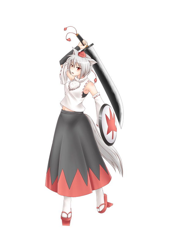 nin (artist), nin (sinobili), inubashiri momiji, touhou, silver hair, 1girl, animal ears, detached sleeves, female focus, geta, hat, red eyes, shield, short hair, solo, sword, tail, tengu-geta, tokin hat, weapon, wolf ears, wolf tail