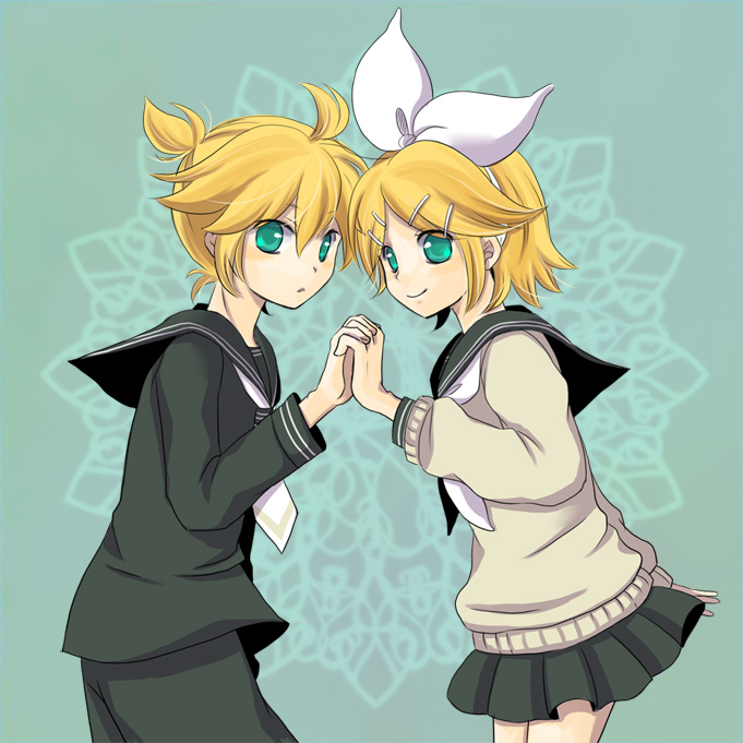 rencon, kagamine len, kagamine rin, vocaloid, bad id, bad pixiv id, 1boy, 1girl, aqua eyes, blonde hair, brother and sister, hair ornament, hair ribbon, hairclip, hetero, holding hands, ribbon, school uniform, serafuku, short hair, siblings, twins