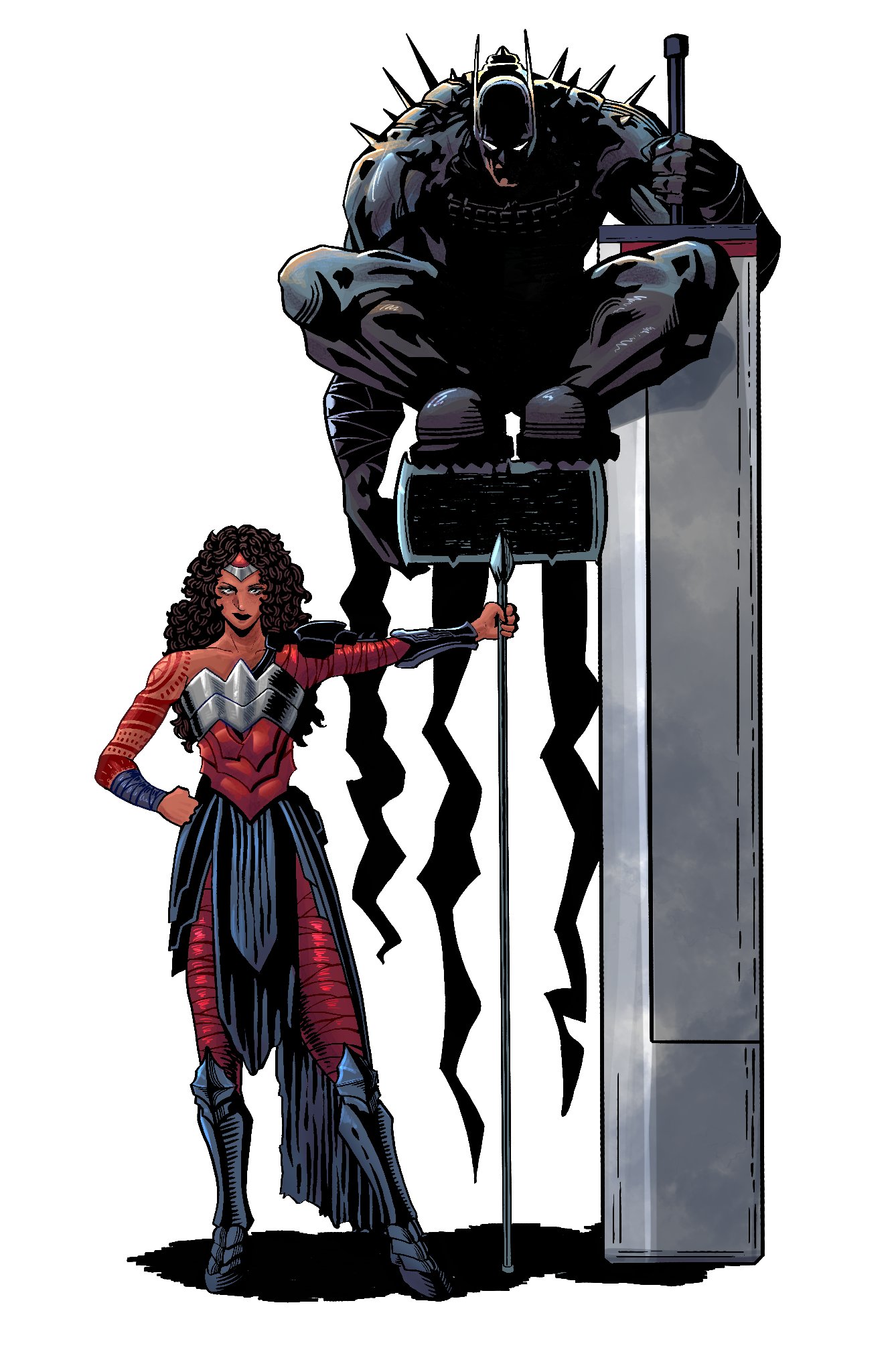 pizza990, batman, wonder woman, absolute batman, absolute dc, absolute wonder woman, dc comics, highres, 1boy, 1girl, axe, back spikes, bat mask, batman symbol, huge weapon, mascaraline, red tattoo, superhero costume, sword, tattoo, tattoo sleeve, weapon